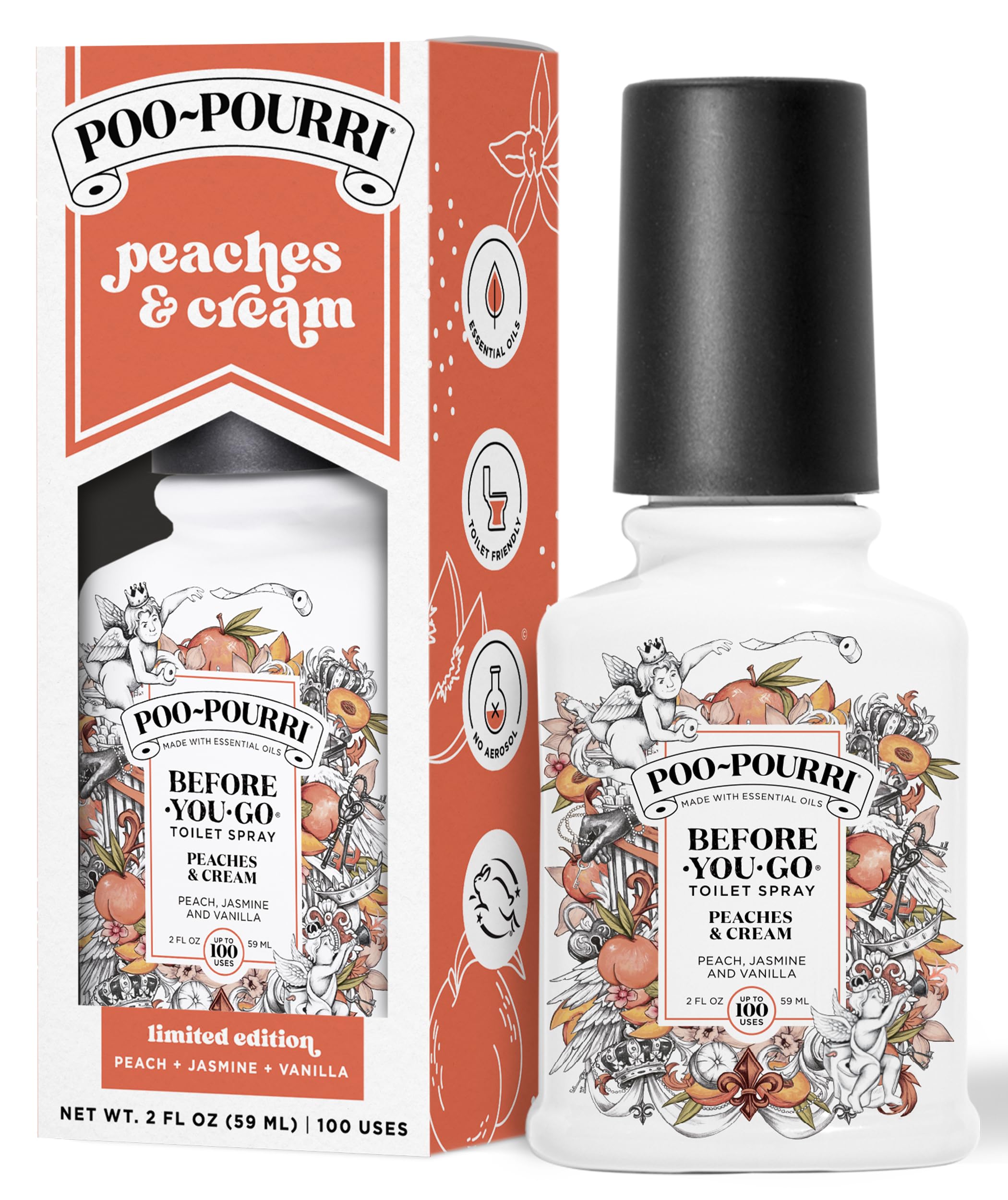 PooPourri BeforeYouGo Toilet Spray, Peaches & Cream, 2 Fl Oz  Peach, Jasmine and Vanilla