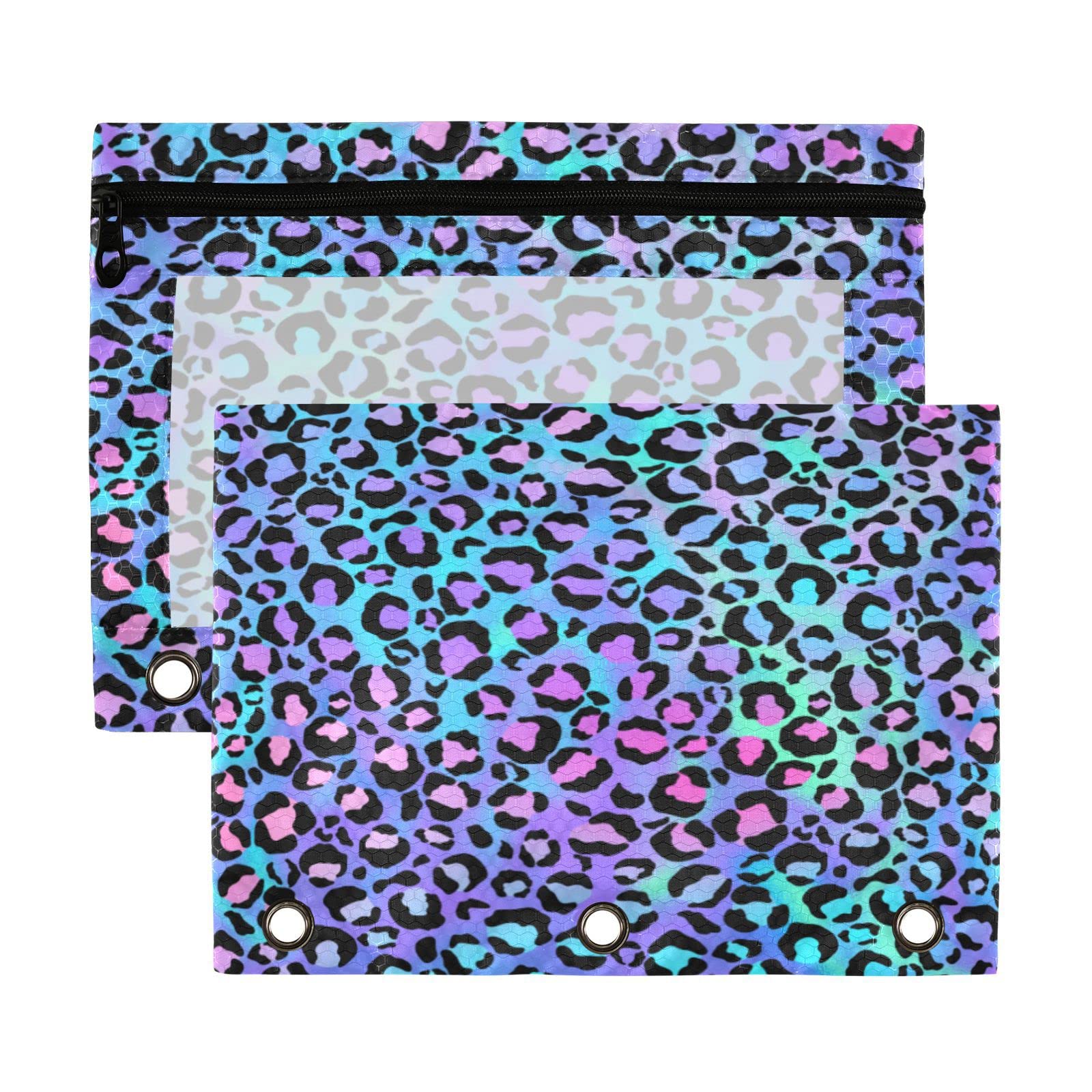 Kcldeci Pencil Pouch For 3 Ring Binder, Leopard Print Cute Cheetah Spots 2 Pack Binder Pencil Pouch With Clear Window Pencil Bag