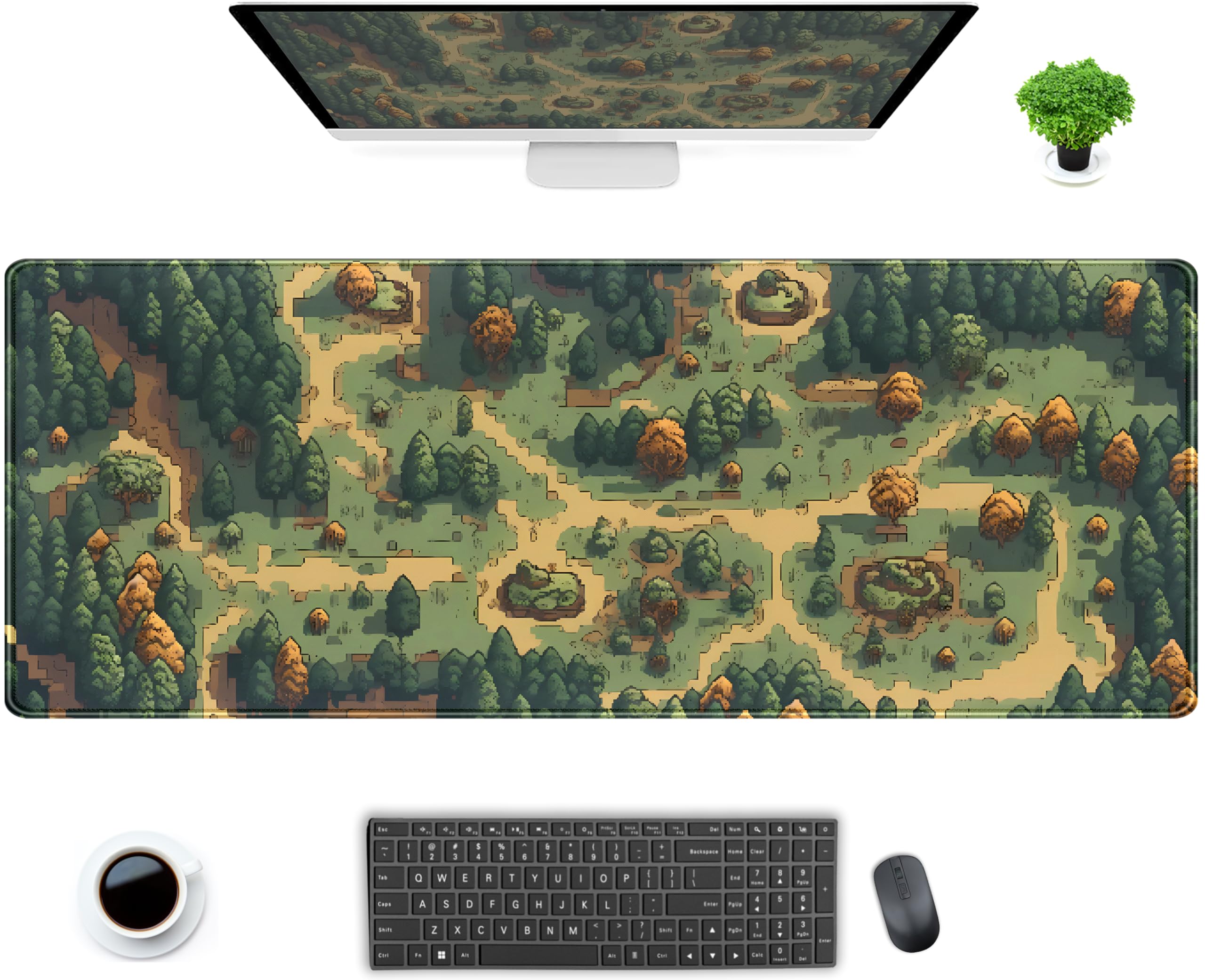 Retro Brown Green Desk Mat Xl Large Gaming Green Forest Pixel Mouse Pad Non-Slip Rubber Base Mousepad, Keyboard Mouse Mat, Lapto
