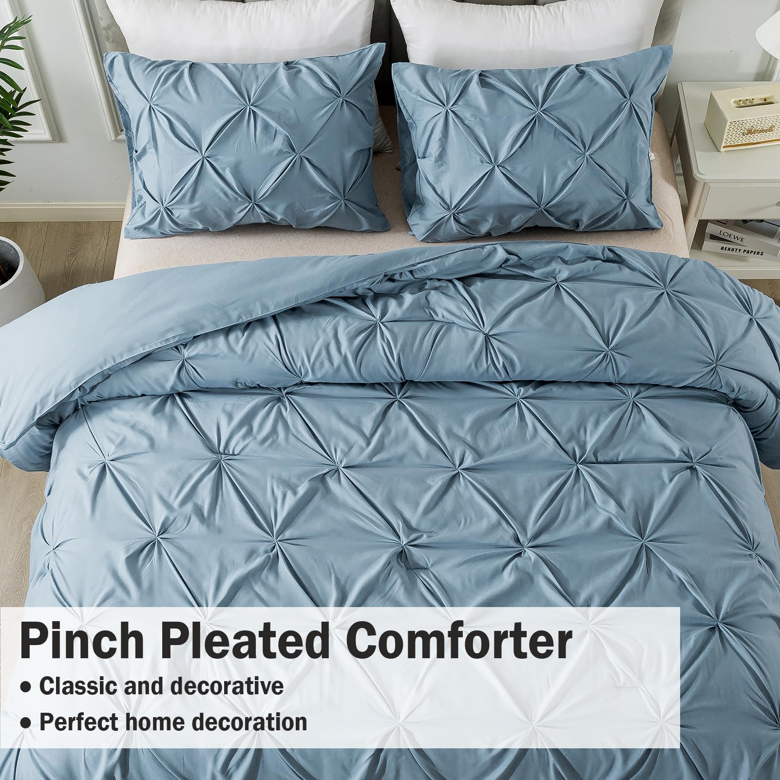 Andency Grayish Blue California King Pinch Pleat Comforter Sets(104X96Inch), 3 Pieces Cal King Pintuck Comforter, Oversized Boho Shabby Chic Bed Comforter, Lightweight Soft Microfiber Bedding Sets
