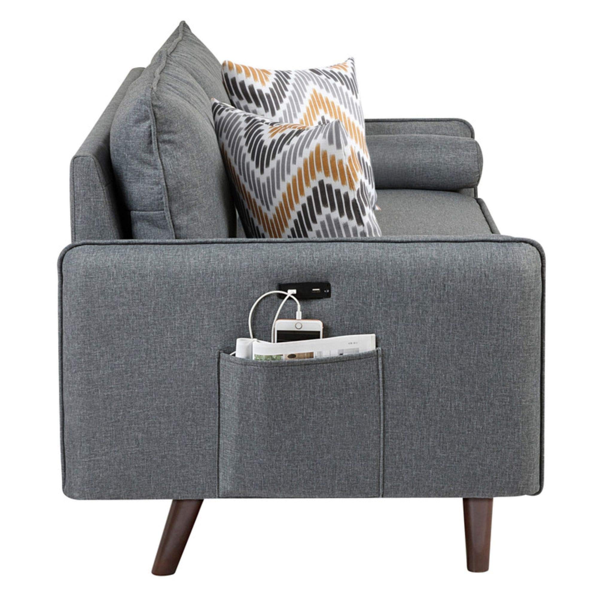Lilola Home Mia Mid-Century Modern Gray Linen Sofa Couch with USB Charging Ports & Pillows