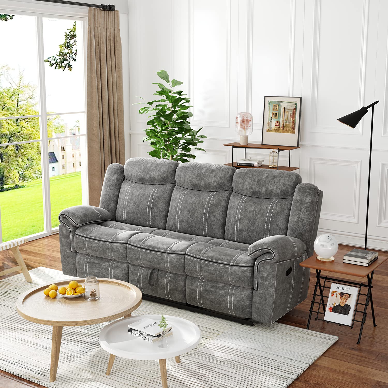 Acme Furniture Zubaida 41" x 87" Modern Velvet Reclining Sofa with USB Dock, 1 Storage Drawer, Tight Back & Seat Cushion, in 2-Tone Gray Finish