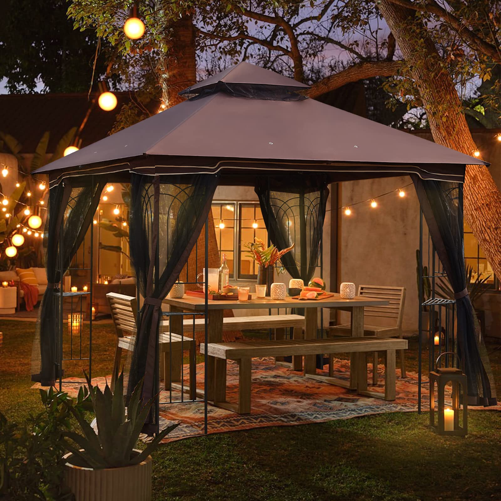 Ecotouge Outdoor Gazebo 10X10 For Patios, Double Waterproof Soft-Top Canopy, Garden Tent With Netting For Party, Backyard, Choco