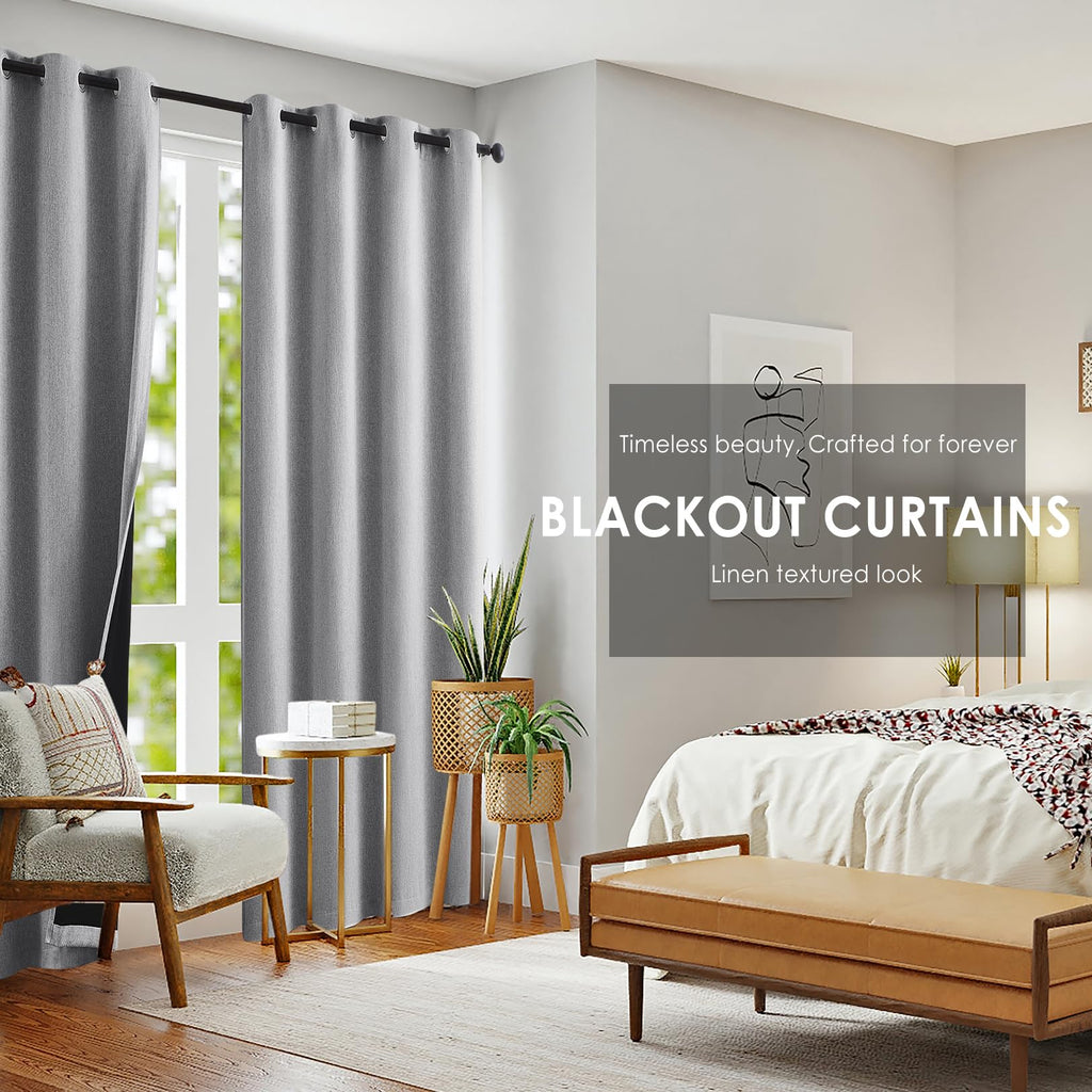 Grey Full Blackout Window Curtain Panels 63 Inches Long Burlap Linen Textured, Short Thermal Insulated Burlap Linen Bedroom Drap