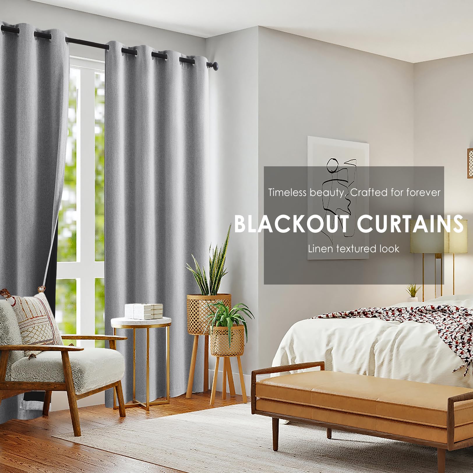 Grey Full Blackout Window Curtain Panels 63 Inches Long Burlap Linen Textured, Short Thermal Insulated Burlap Linen Bedroom Drap