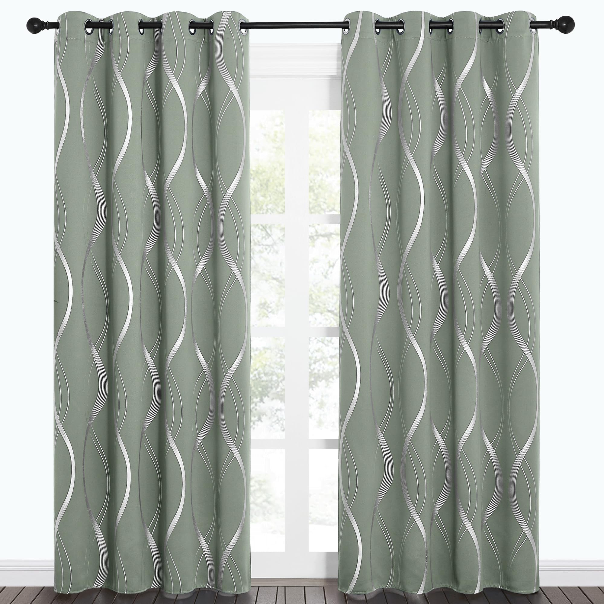 Nicetown Greyish Green Blackout Curtain Panels For Bedroom, 2 Panels, 52 X 84 Inch, Noise Reducing Thermal Insulated Wave Line F