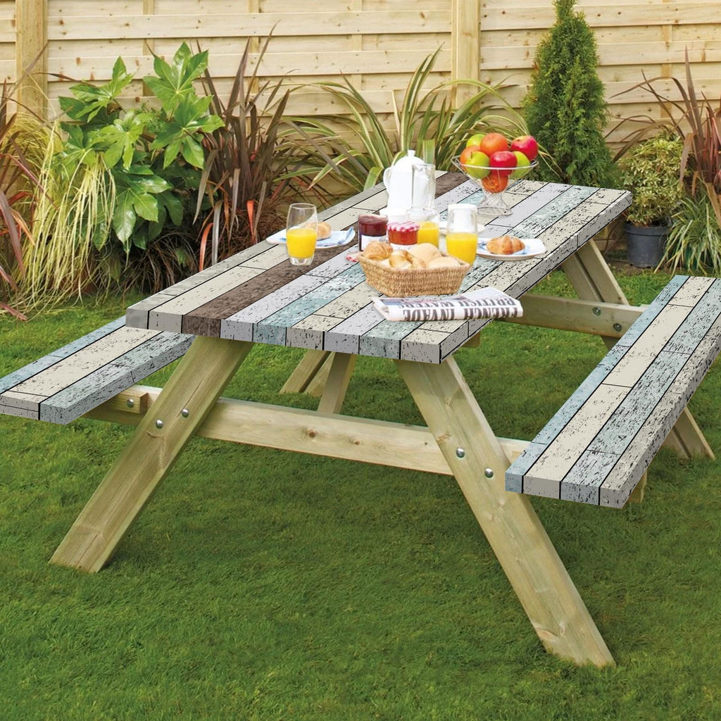 Famibay 3 Piece Picnic Table Covers With Elastic Fitted Picnic Table Cover With Bench Covers Farmhouse Camping Tablecloth Waterproof Picnic Table Covers For Outdoors(Wood Grain,12' X72'+30' X72')