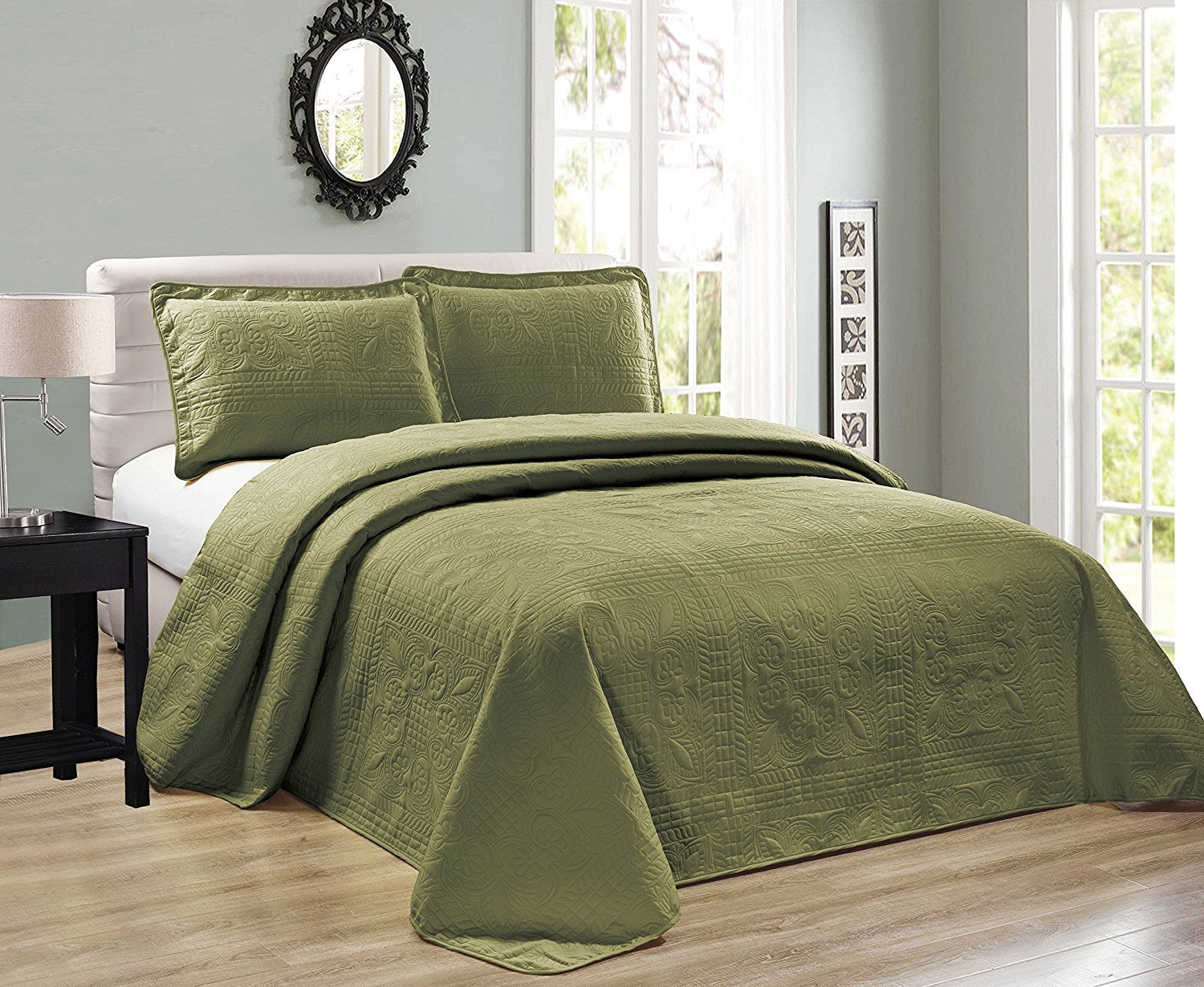 Elegant Home Beautiful Over Sized Solid Color Embossed Floral Striped 3 Piece King/California King Size Coverlet Bedspread (King