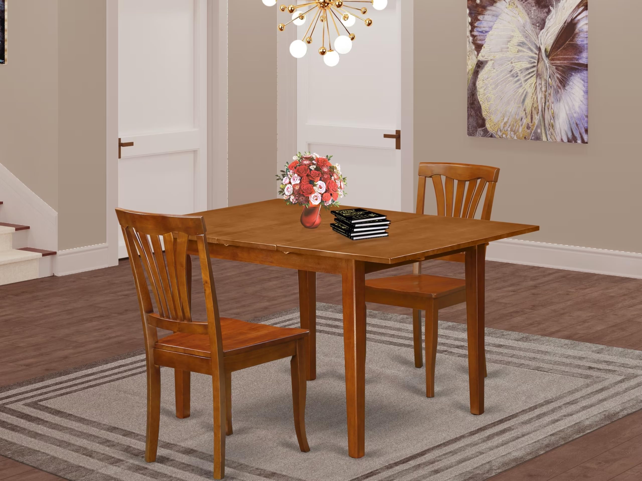 East West Furniture MLAV3-SBR-W 3 Piece Dining Room Furniture Set Contains a Rectangle Kitchen Table with Butterfly Leaf and 2 Dining Chairs, 36x54 Inch, Saddle Brown
