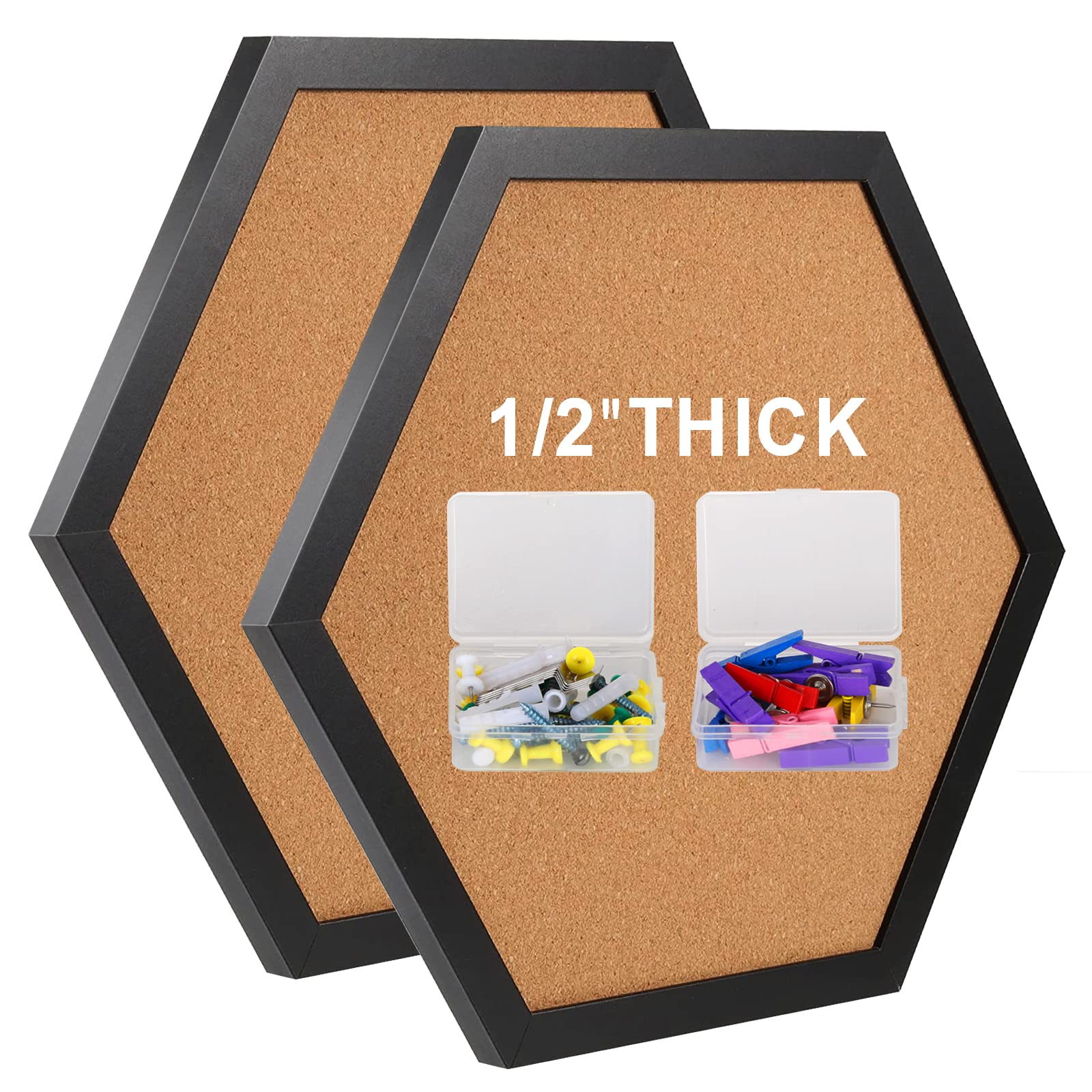 Wayhoul Cork Bulletin Board For Walls, 1/2' Thick Hexagon Pin Board For Walls With Frame, Black Small Corkboard With 10 Push Pi