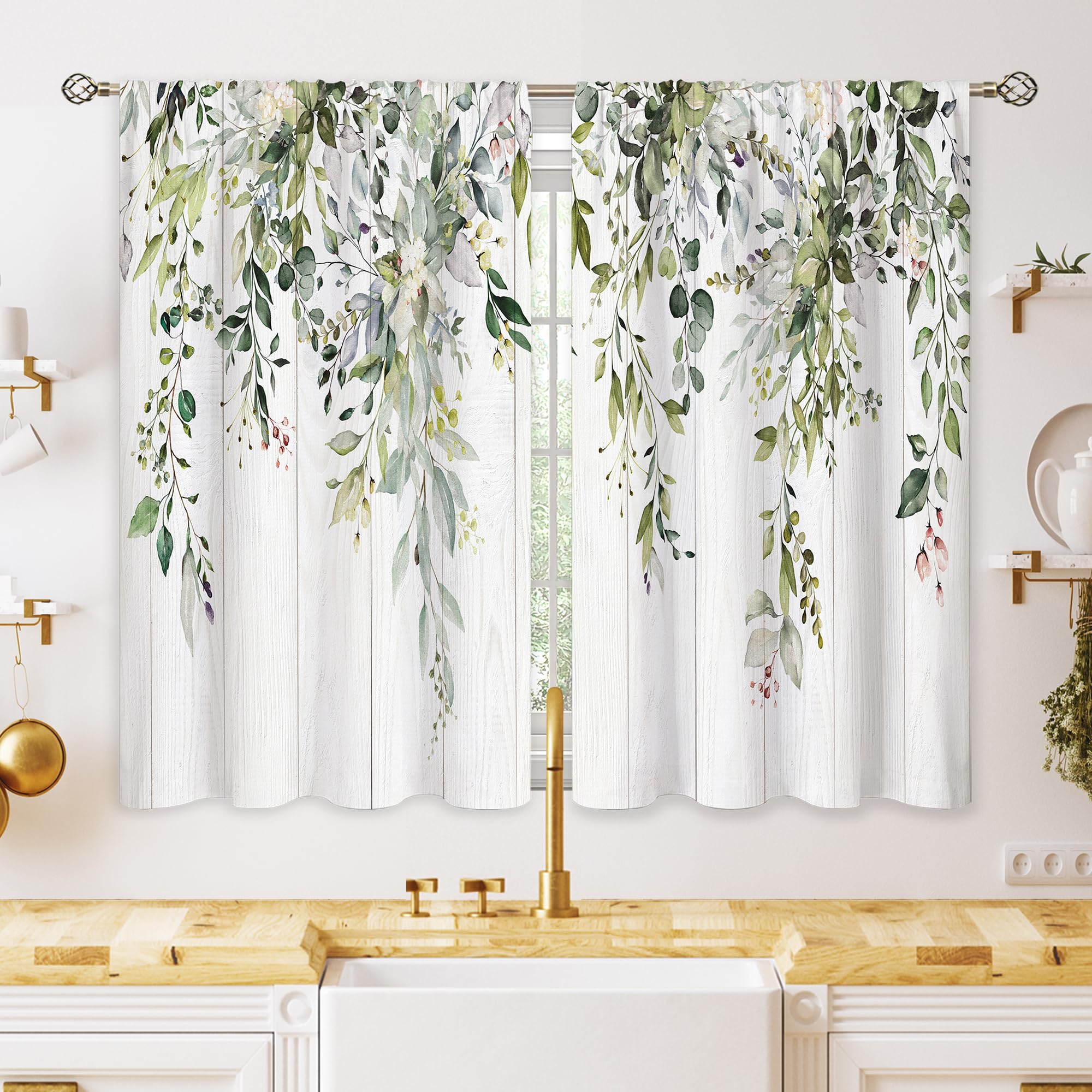 Oolygoo Farmhouse Eucalyptus Botanical Small Kitchen Curtains Rustic Leaves Window Treatment Wooden Floral Sage Mint Green Cafe