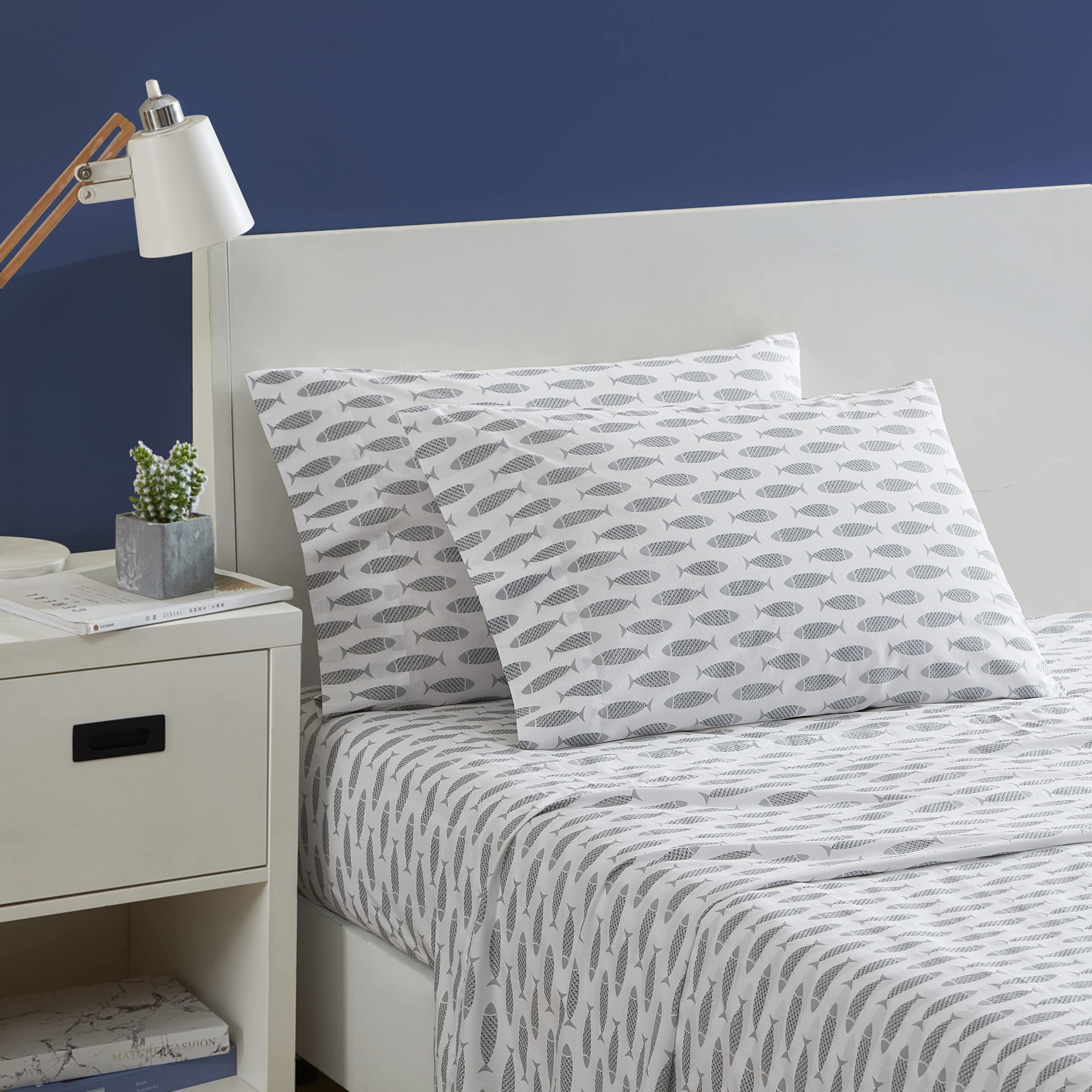 Nautica - Full Size Sheet Sets, Cotton Percale Bedding Set, Crisp & Cool, Coastal Home Decor (Woodblock Fish Grey, Full)