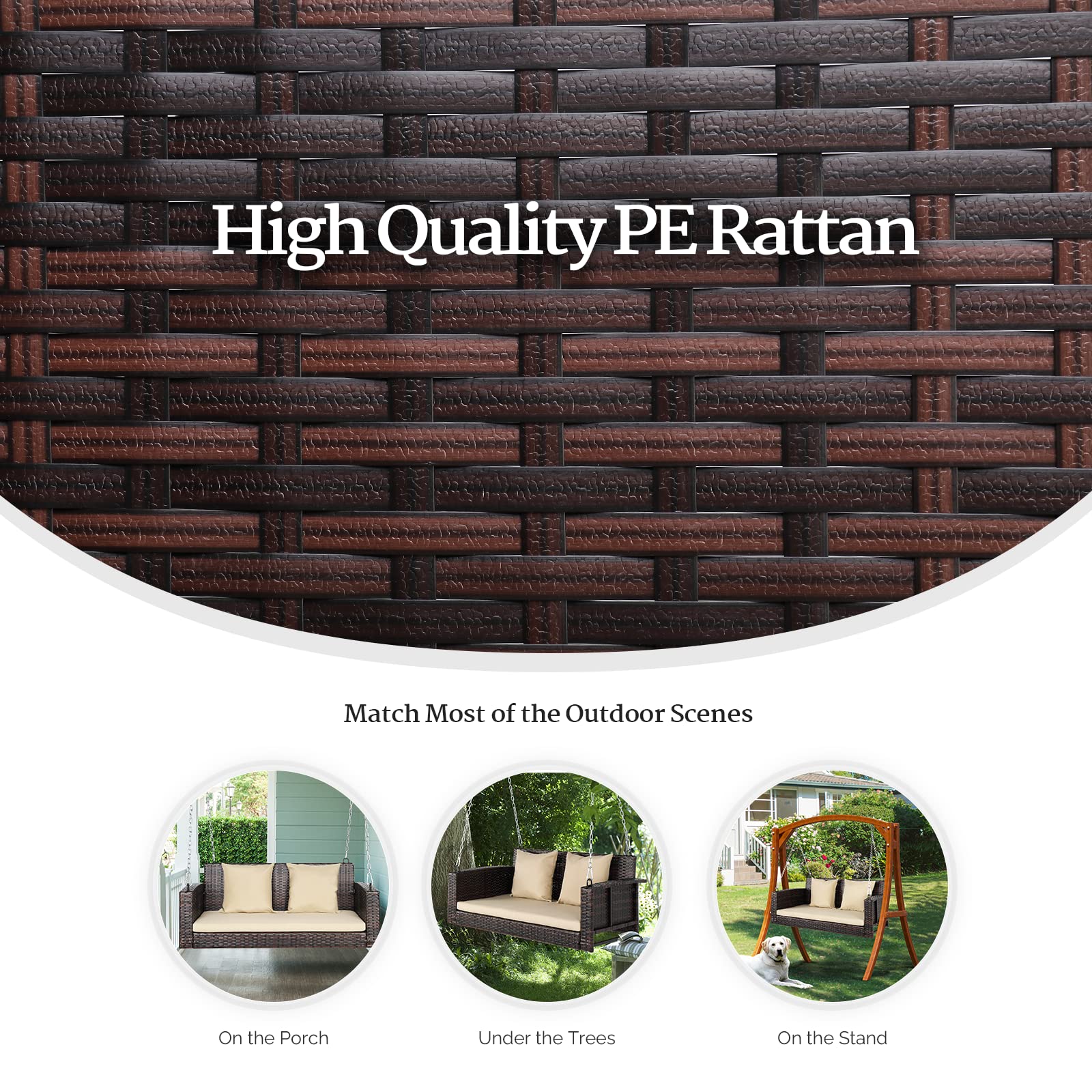 Vingli Heavy Duty 800 Lbs Wicker Hanging Porch Swing With Cushions & Chains, 4Ft Outdoor Rattan Swing Bench For Garden, Yard, Lawn (Brown+Beige)