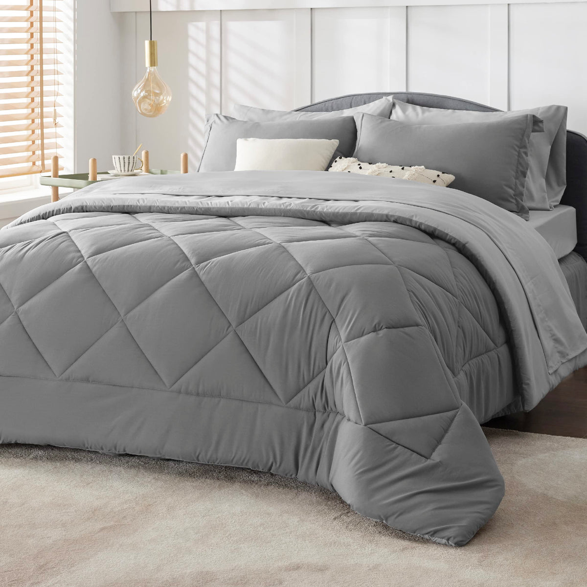 Bedsure Light Purple Twin Comforter Set - 5 Pieces Reversible Twin Bed In A Bag, Extra Long Twin Bed Set Light Purple And Grey W
