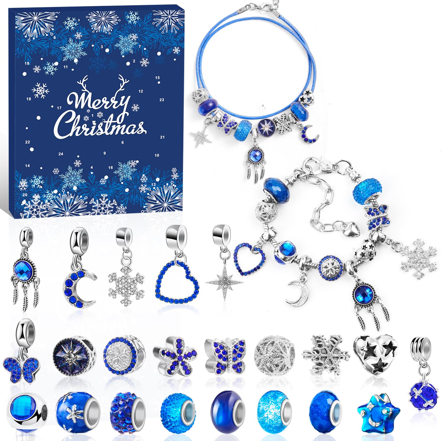 Jewelry Advent Calendar Women, 24 Day Christmas Countdown Calendar DIY Charm Bracelets & Necklaces with Blue Charm Beads, Xmas S