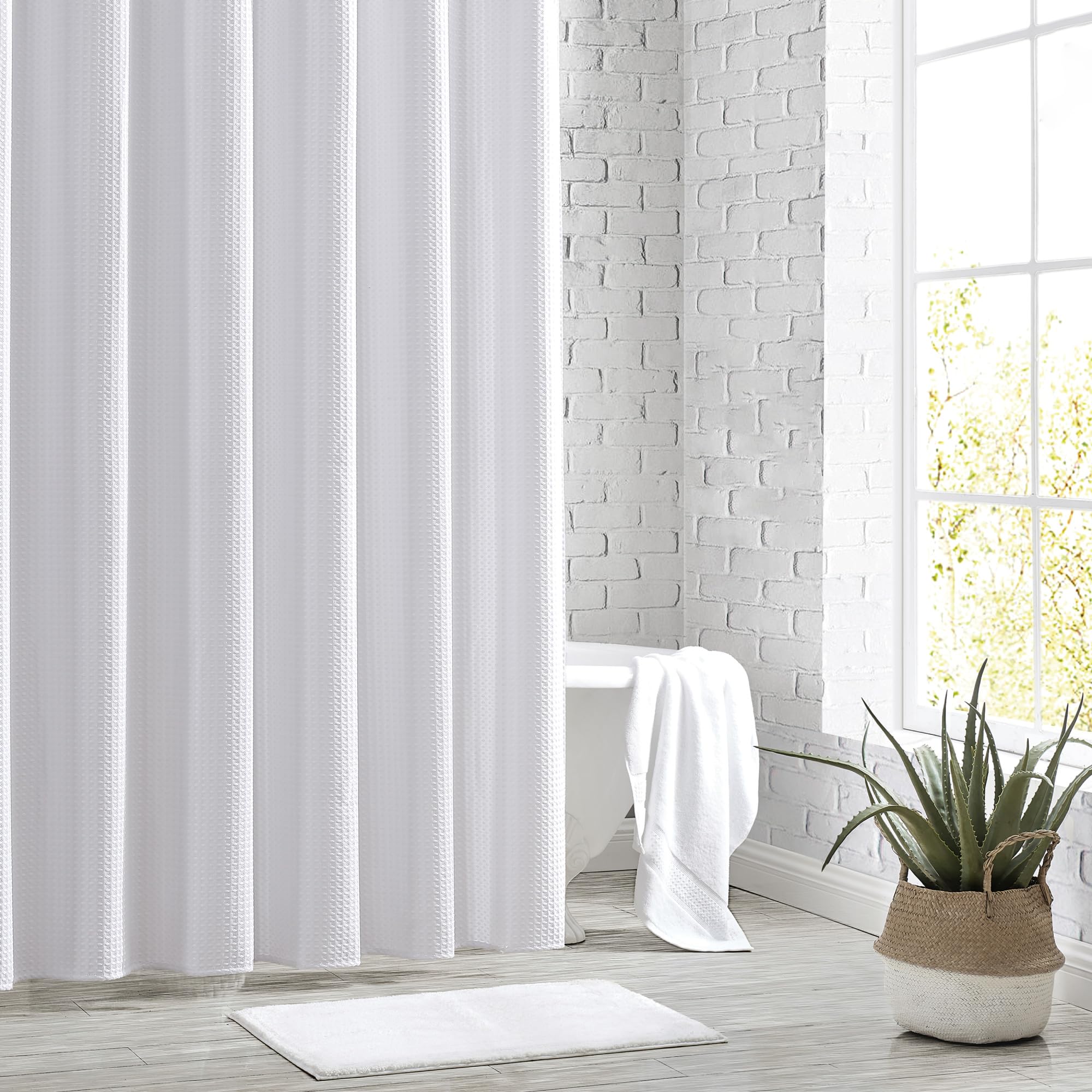 DKNY Waffle Weave Shower Curtain for Bathroom - 72 x 72 - White