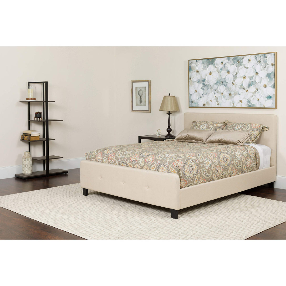 Flash Furniture Tribeca Queen Size Tufted Upholstered Platform Bed in Beige Fabric with Memory Foam Mattress