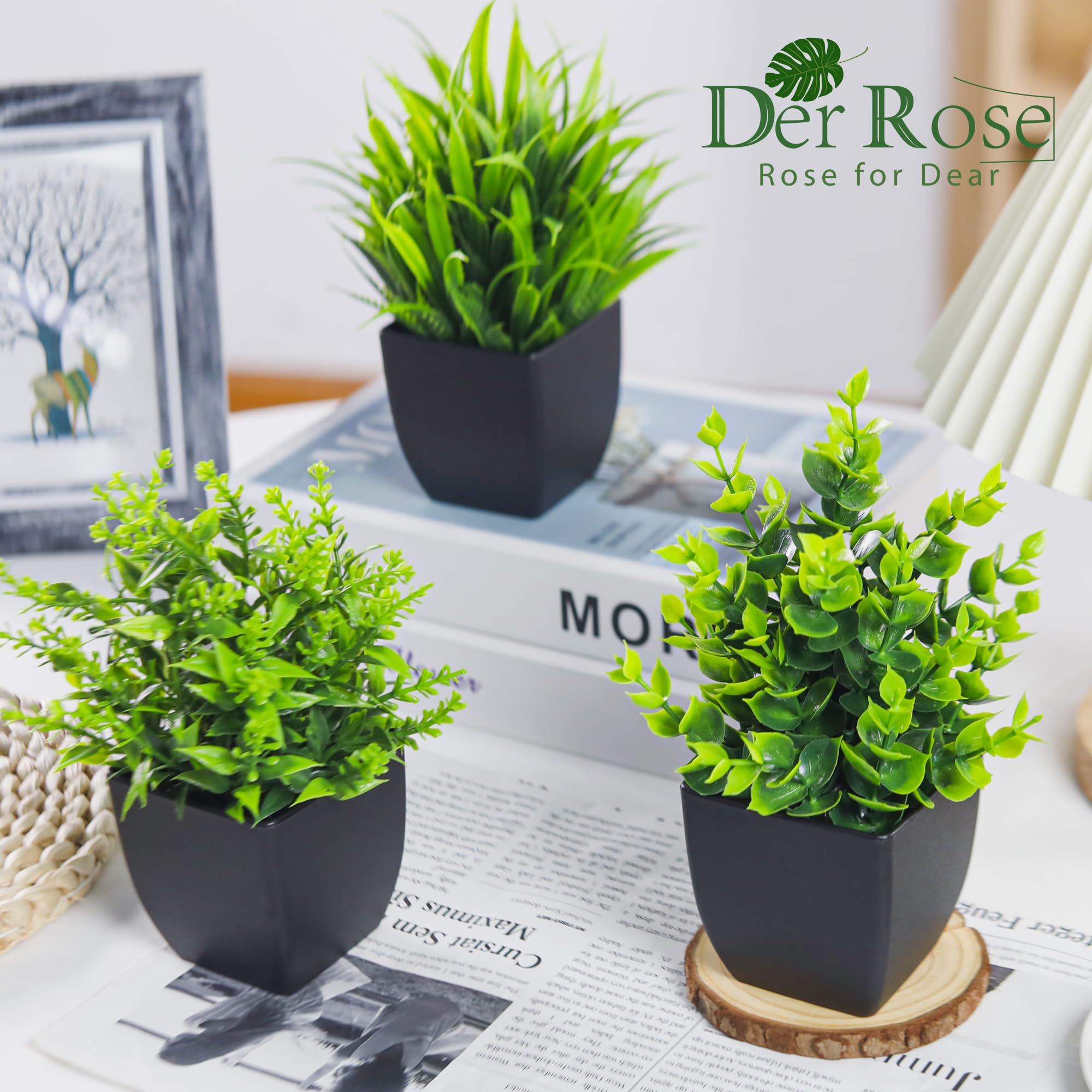 Der Rose 4 Pack Fake Plants Small Artificial Mini Faux Plants Indoor Black Bathroom Accessories For Room Home Office Shelf Decor