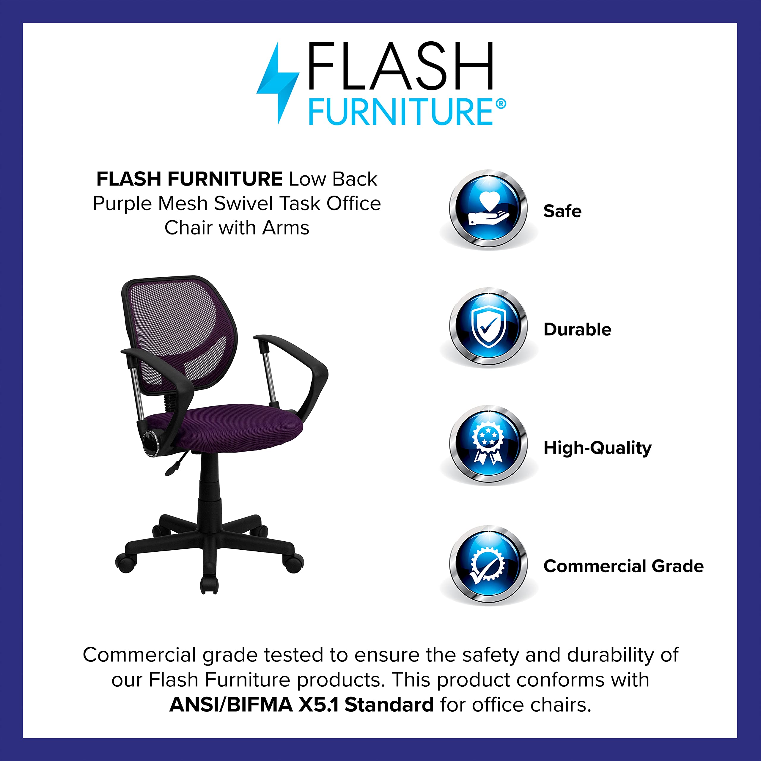 Flash Furniture Neri Low Back Purple Mesh Swivel Task Office Chair with Arms