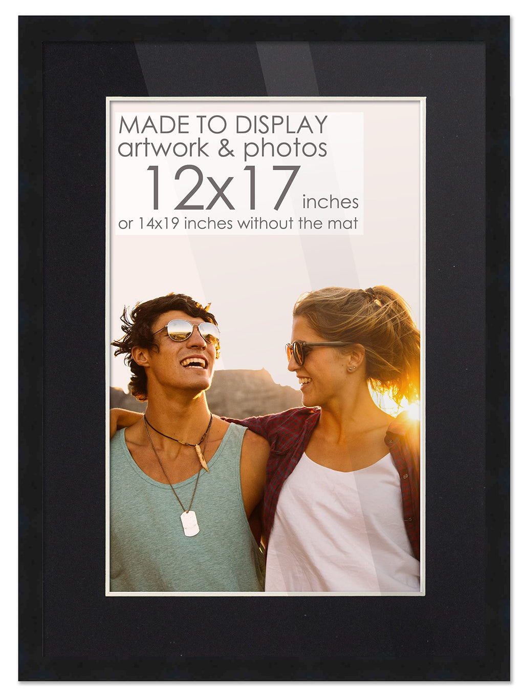 12x17 Frame Black Wood with Black Mat | 14x19 Frame Matted to 12x17 | Display Your Photo Under UV Acrylic Shatter Guard Front, w