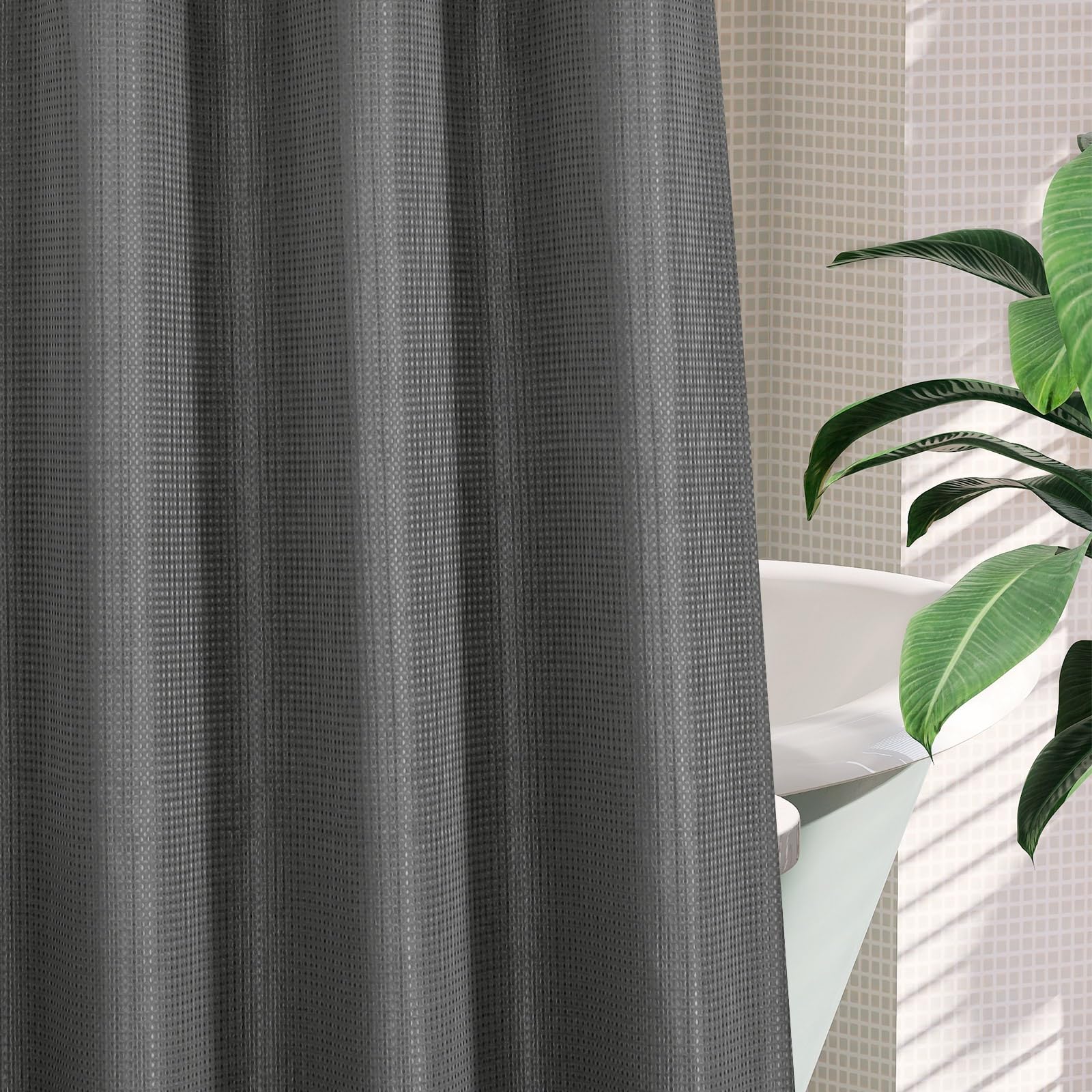 Mitovilla No Hooks Needed Extra Long Shower Curtain Set With Snap-In Liner, Grey 86 Inch Xl Heavyweight Waffle Fabric Cloth Show