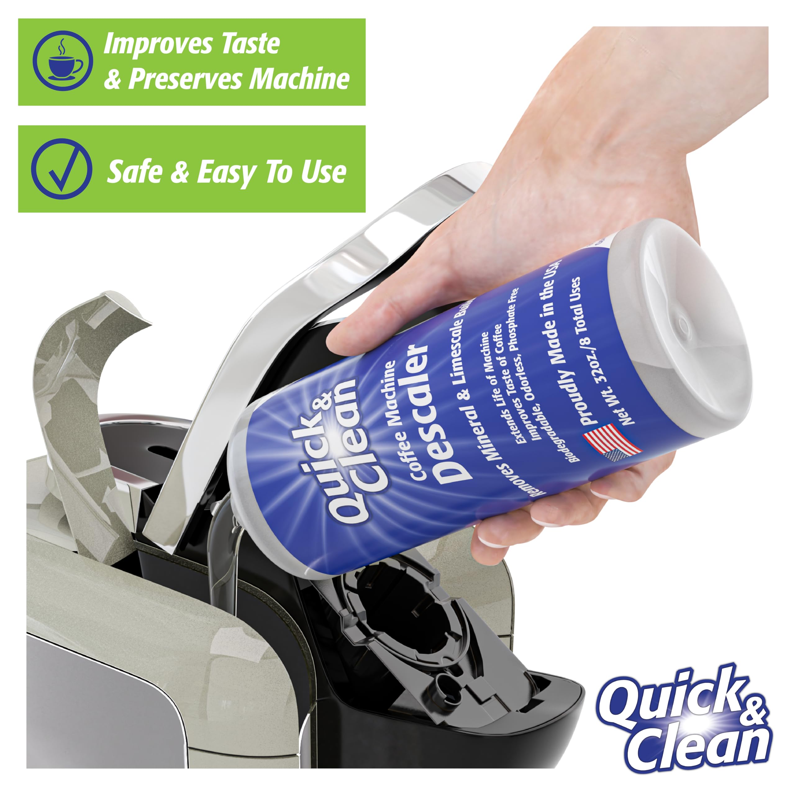 Quick & Clean 32Oz. Descaler (8 Total Uses) - Made In The Usa - Descaling Solution For Nespresso, Ninja, Delonghi, All Other Cof