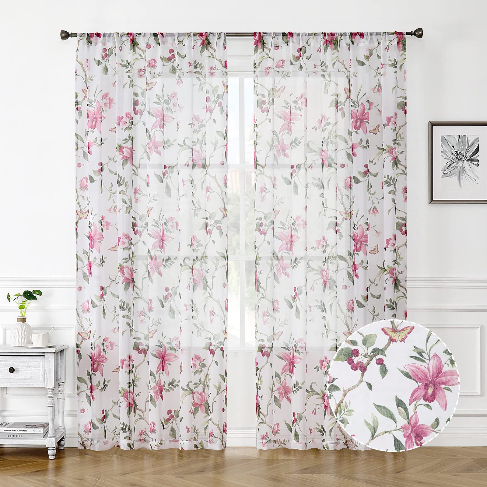 Tollpiz Floral Sheer Curtain Grey Cherry Flower Butterfly Print Bedroom Curtains Rod Pocket Voile Linen Look White Sheer Curtain