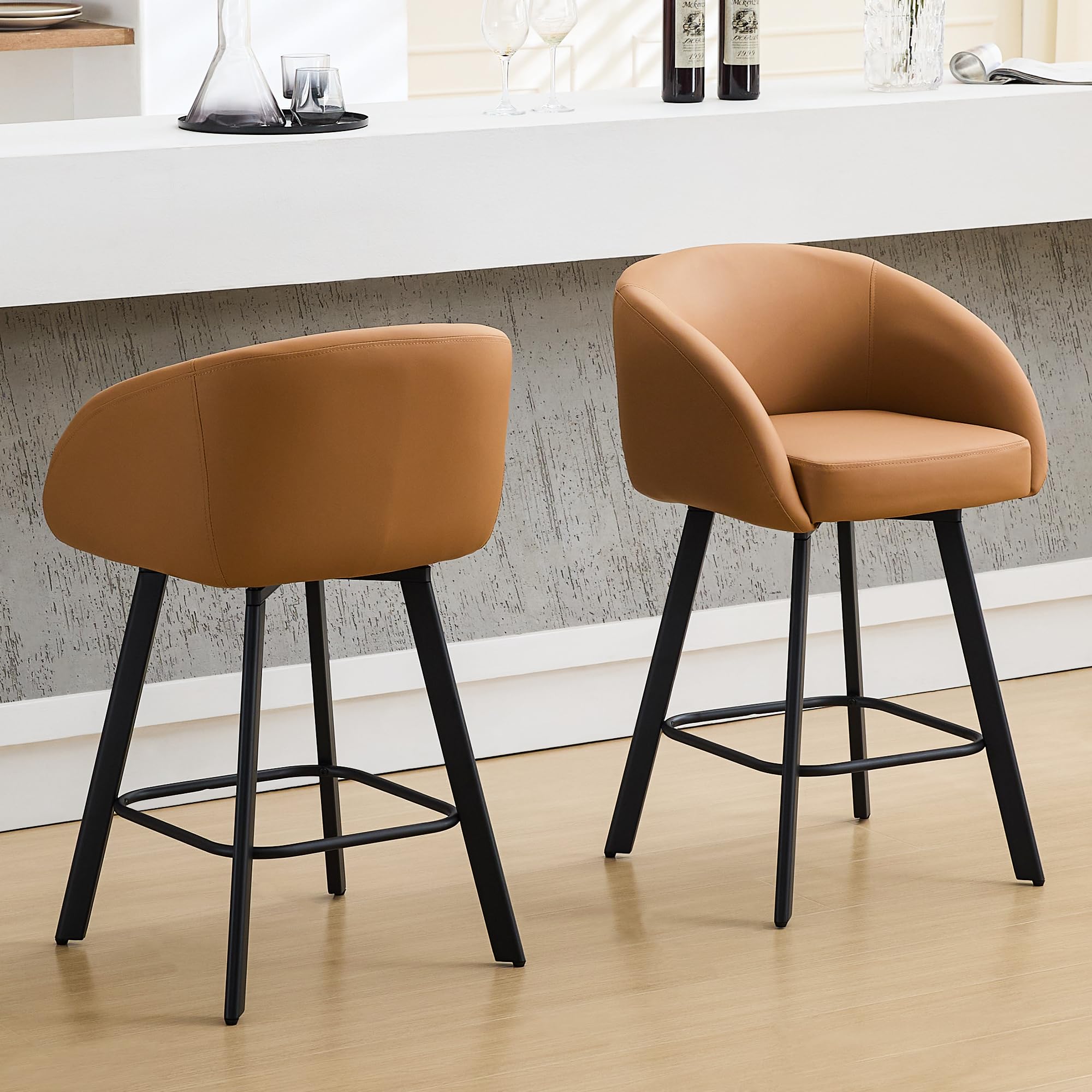 Firavoe Bar Stools Set Of 2, 26 ' Swivel Counter Height Bar Stools With Back And Armrest, Faux Leather Kitchen Barstools Counte