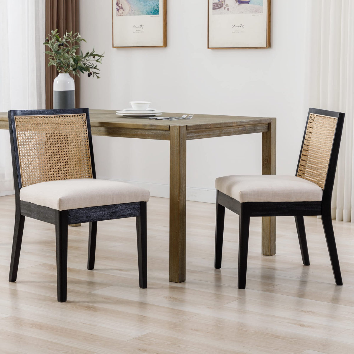 Bestano Farmhouse Rattan Dining Chairs Set Of 2 Black Wooden Dining Room Chairs Rectangle Cane Country Kitchen Chairs Upholstere