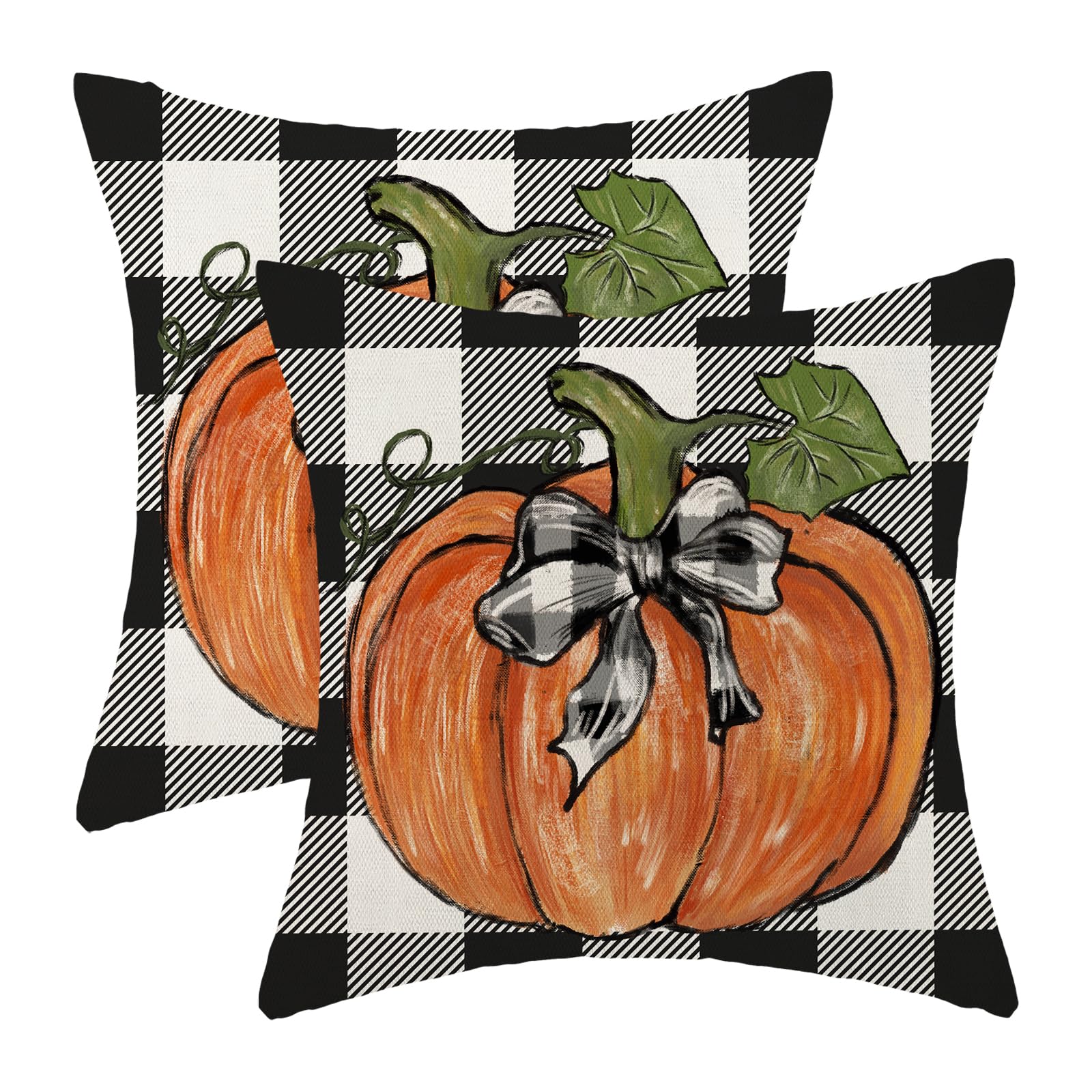 Gohdiwh Fall Decor Pillow Covers 18X18 Set Of 2, Buffalo Plaid Orange Pumpkin Pattern Decorative Throw Pillows Linen Autumn Than