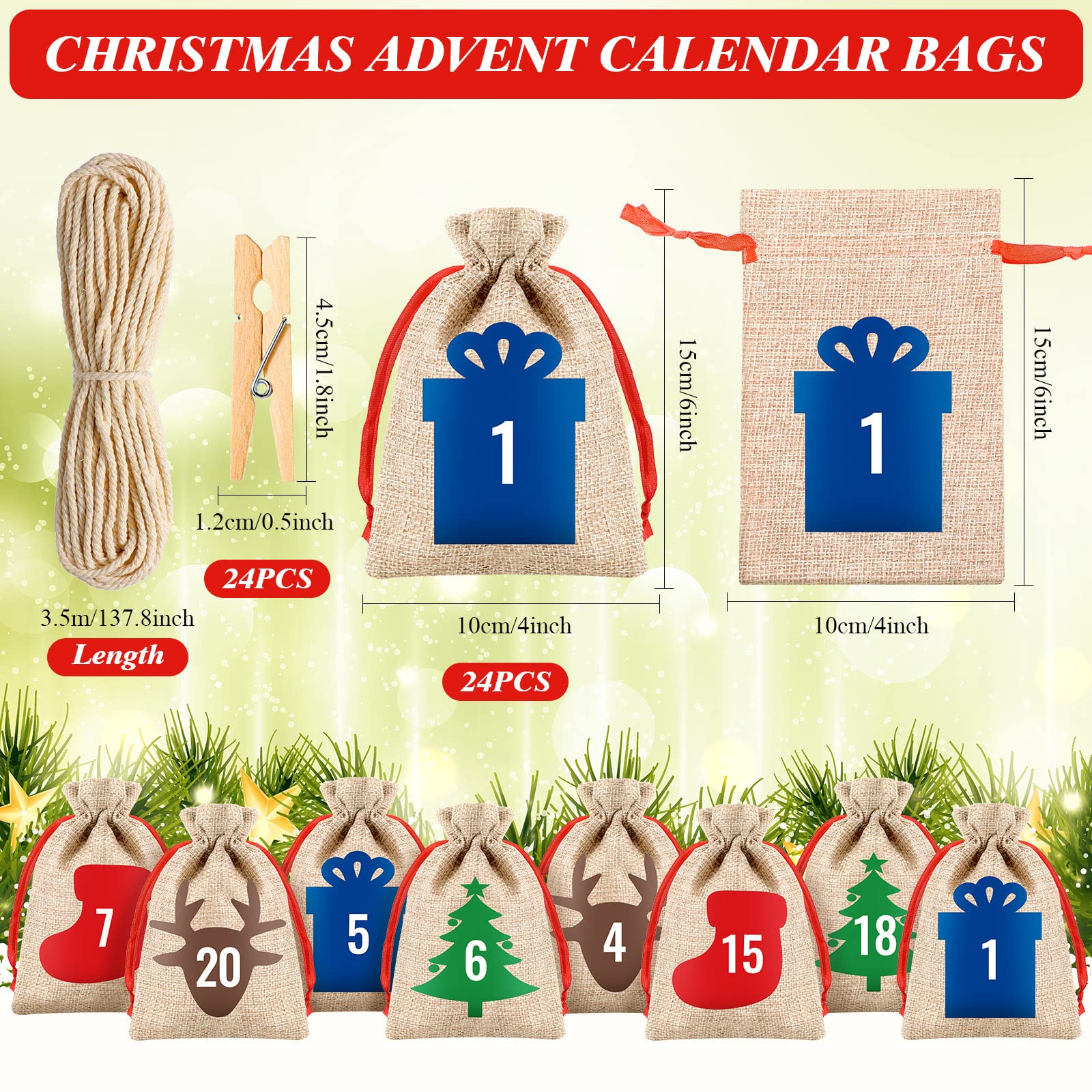 24 Pcs Christmas Advent Calendar Bags 24 Days Burlap Countdown Calendar Bags 4X6 Inch Drawstring Gift Bag Pouches With Xmas Mini