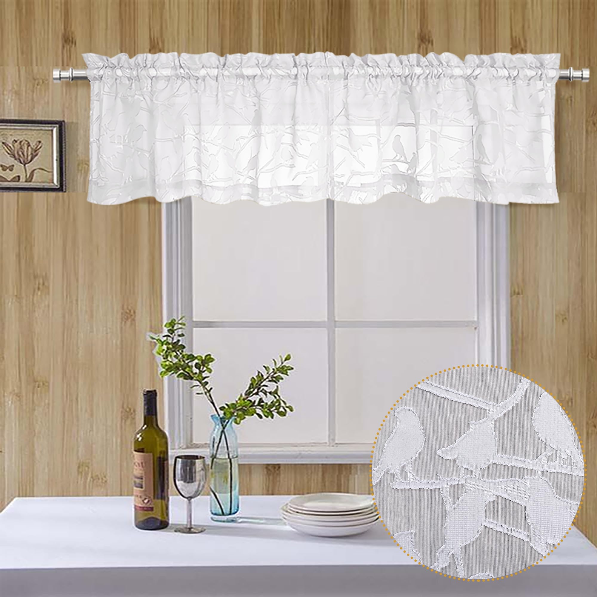 Ovzme Anji Bird 2 Panels Sheer Kitchen Valances For Windows 14 Inches Long, Classic Rod Pocket Light Filtering Semi White Sheer