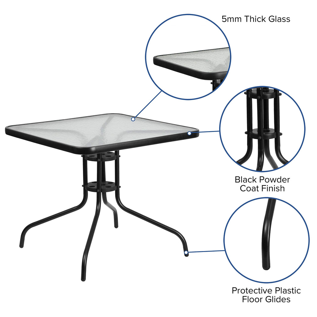 Flash Furniture Brazos Series 5-Piece Glass Patio Table And Chairs Set, Outdoor Patio Dining Set With Square Table And 4 Sling Patio Chairs, Black