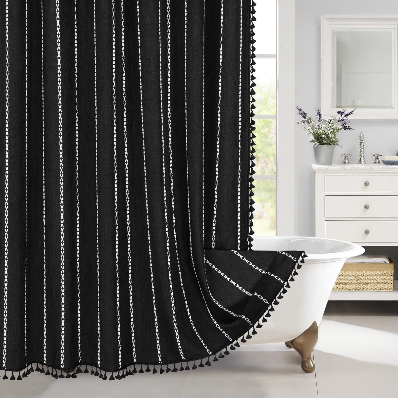 MitoVilla Black Boho Fabric Shower Curtain, Modern Farmhouse Polyester Linen Shower Curtains for Vintage Rustic Bathroom Decor, 