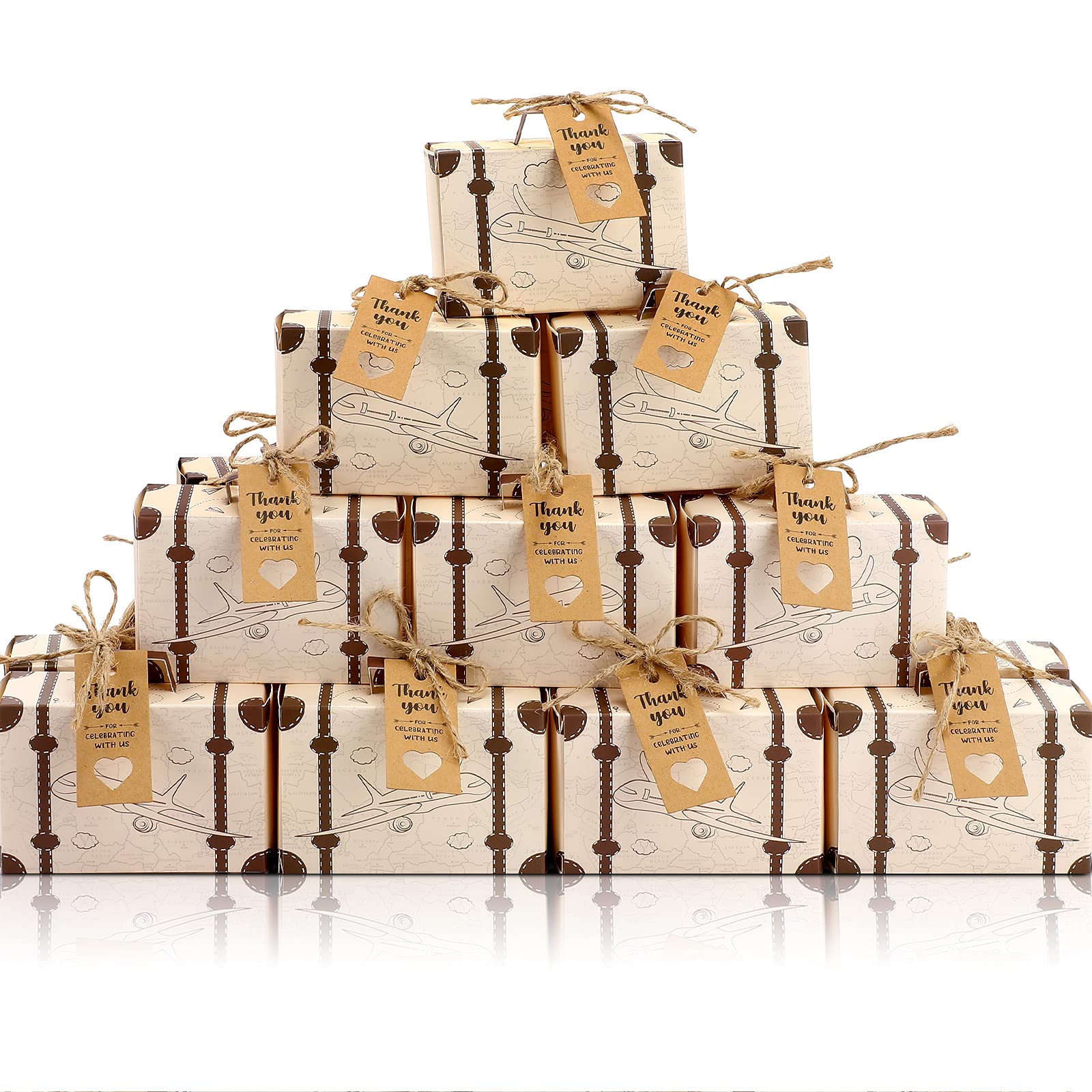 50 Sets Mini Suitcase Boxes, Small Candy Boxes, Travel Themed Wedding Favors Box, Vintage Suitcase Box with Thank You Tags and B