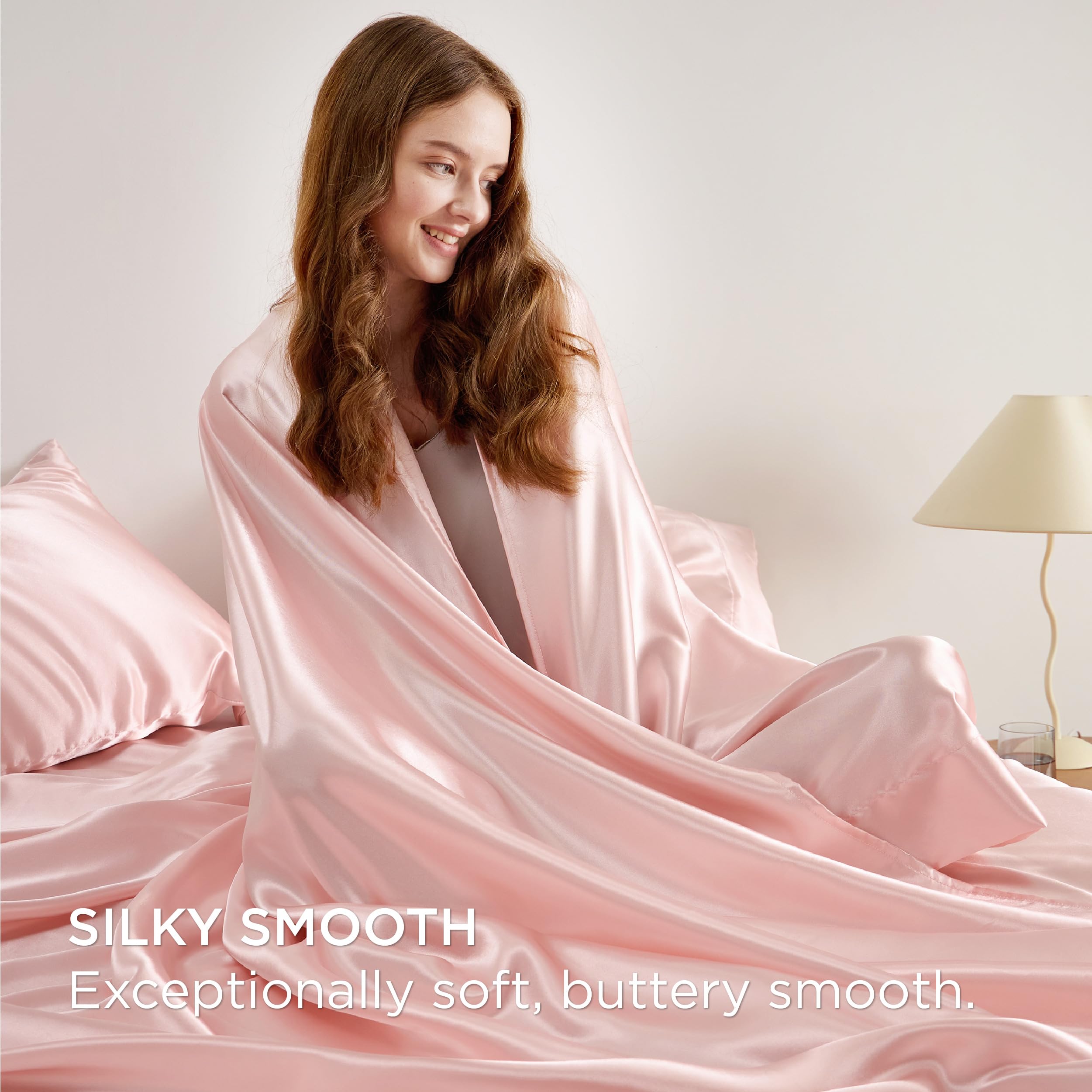Bedsure Satin Sheets King - Similar To Silk Sheets, Silky Bedsheet, Luxury & Ultra Soft, Non-Fading & Wrinkle Free, Good For Hair & Skin, Gifts For Women, 4 Pieces, Pink