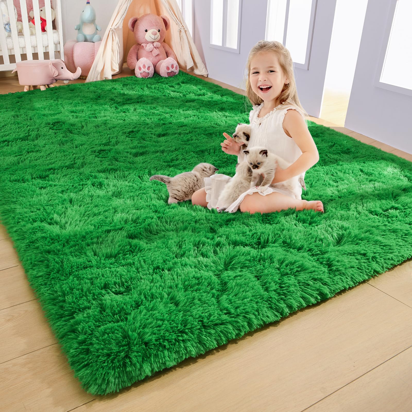 AROGAN Luxury Soft Shaggy Rugs Carpets, 5x8 Feet Bedroom Rug Indoor Plush Area Rugs for Living Room, Green Fluffy Rug for Kids G