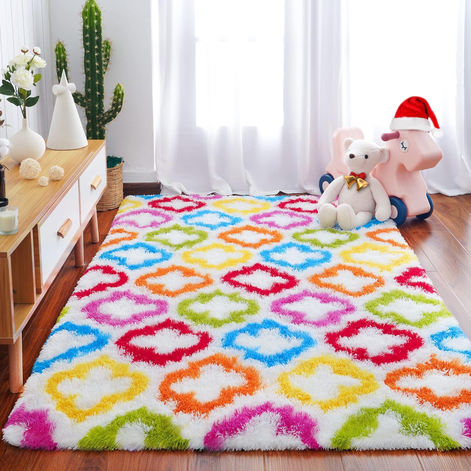 Tepook Fluffy Colorful Rug For Kids, Shaggy Soft Rainbow Area Rugs For Girls Bedroom, Indoor Modern Geometric Moroccan Rugs Plus