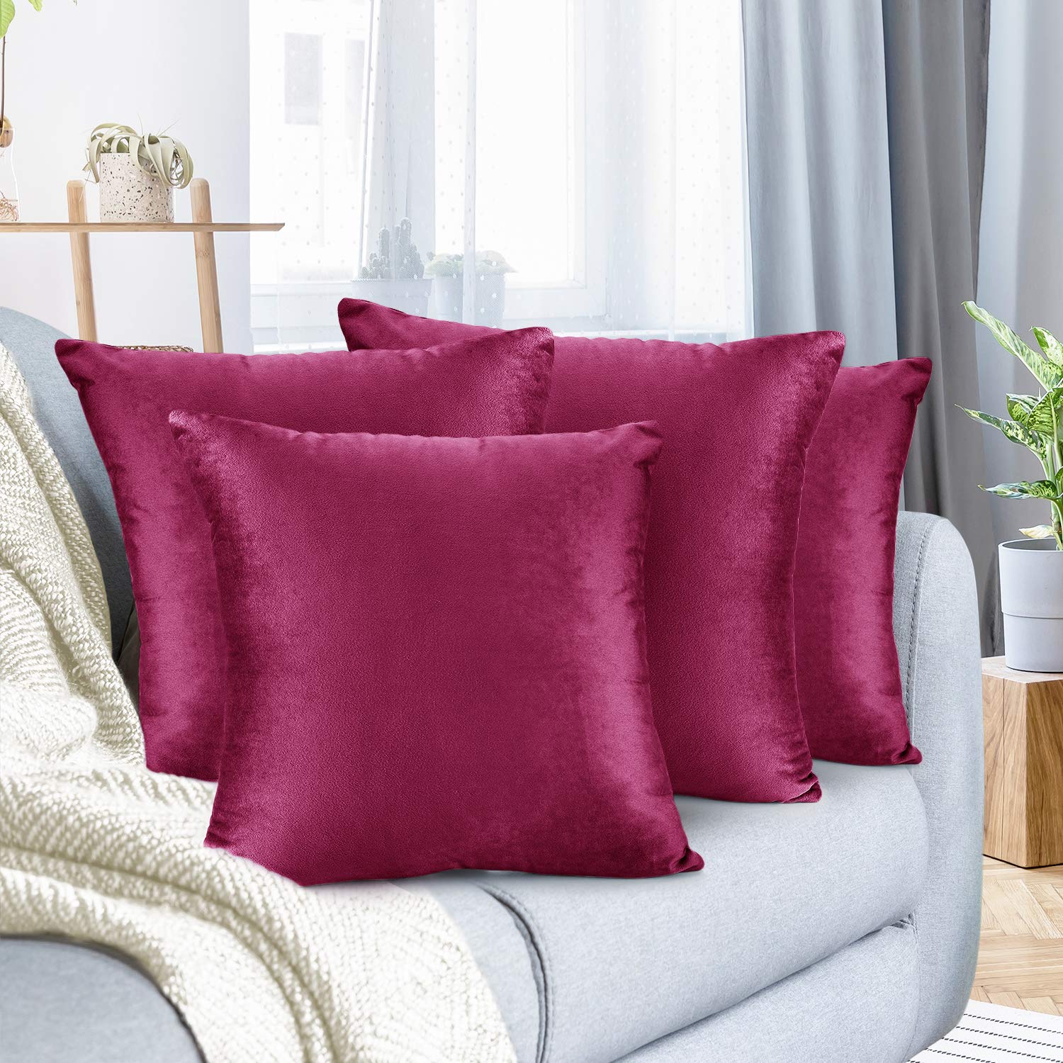 Nestl Throw Pillow Covers, Cozy Velvet Decorative Outdoor Pillow Covers 16X16 Inches, Soft Solid Cushion Covers For Sofa, Bed And Car, Set Of 4 - Magenta