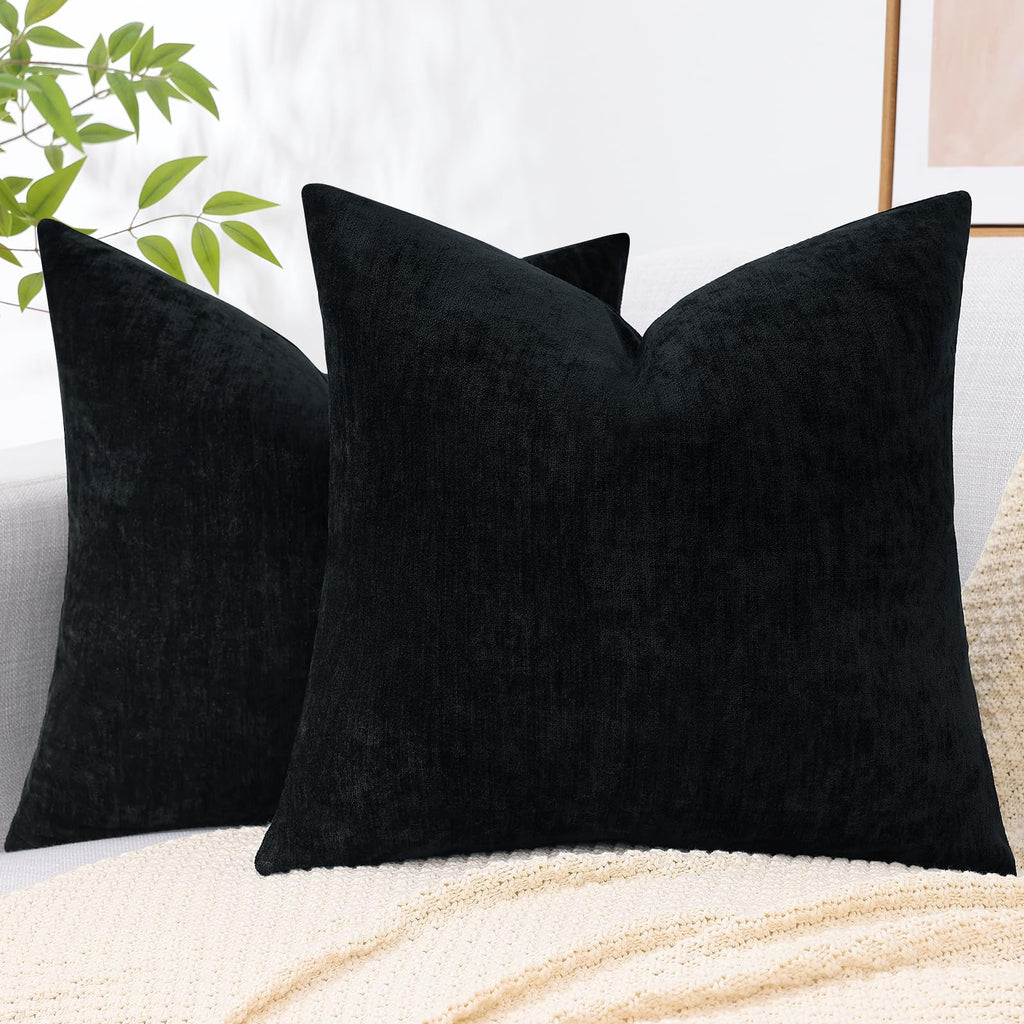 Decoruhome Couch Throw Pillow Covers 20X20 Set Of 2, Decorative Soft Chenille Solid Dyed Pillow Covers For Sofa Bed Living Room, Black