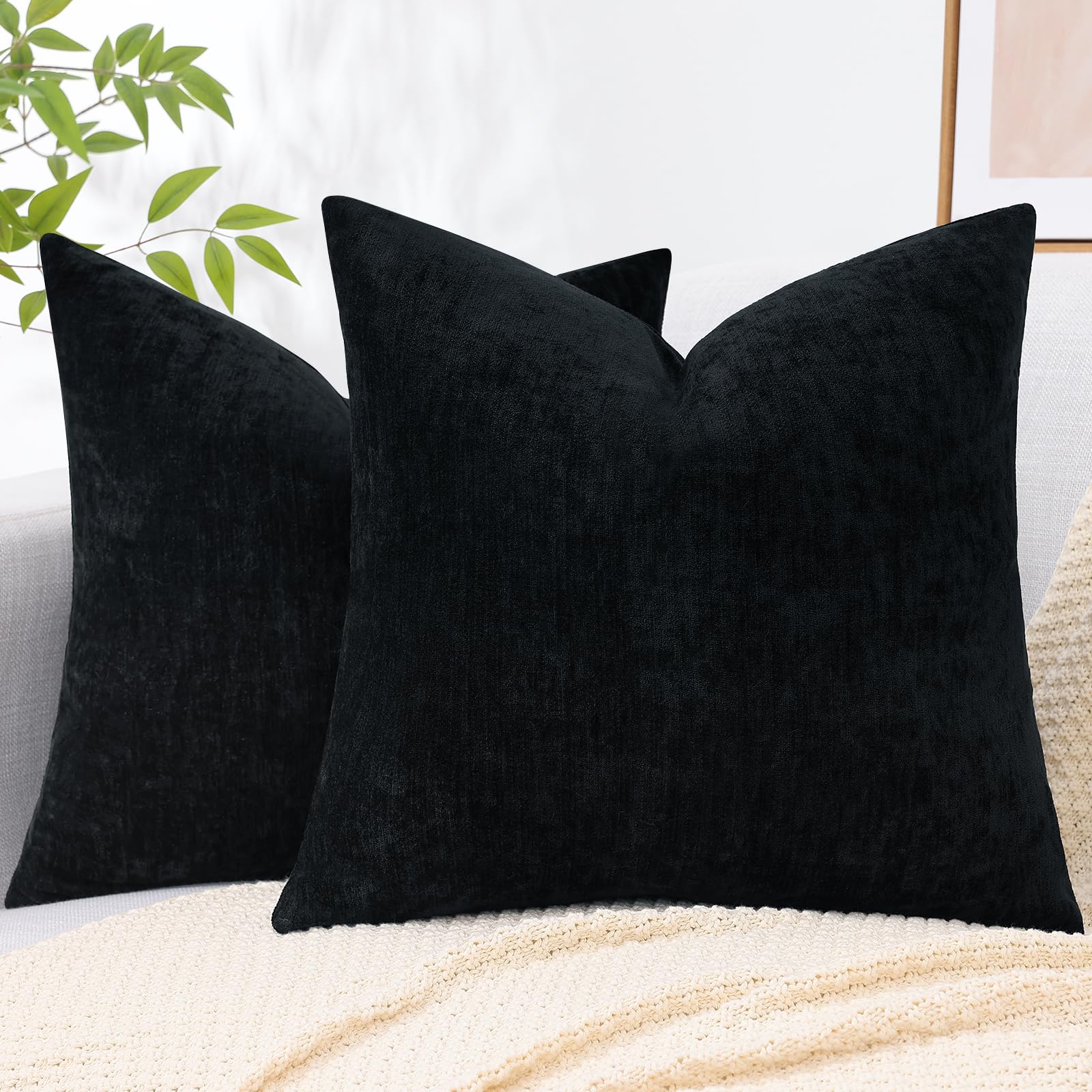 Decoruhome Couch Throw Pillow Covers 20X20 Set Of 2, Decorative Soft Chenille Solid Dyed Pillow Covers For Sofa Bed Living Room, Black