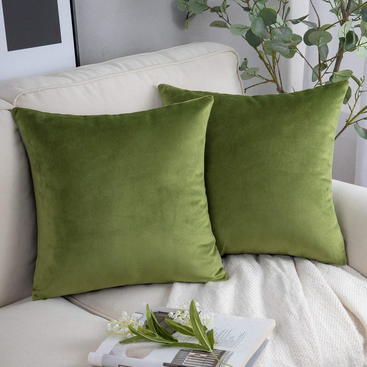 Phantoscope Pack Of 2 Velvet Decorative Throw Decorative Pillow Cover Soft Solid Square Cushion Case For Couch Green 24 X 24 Inc