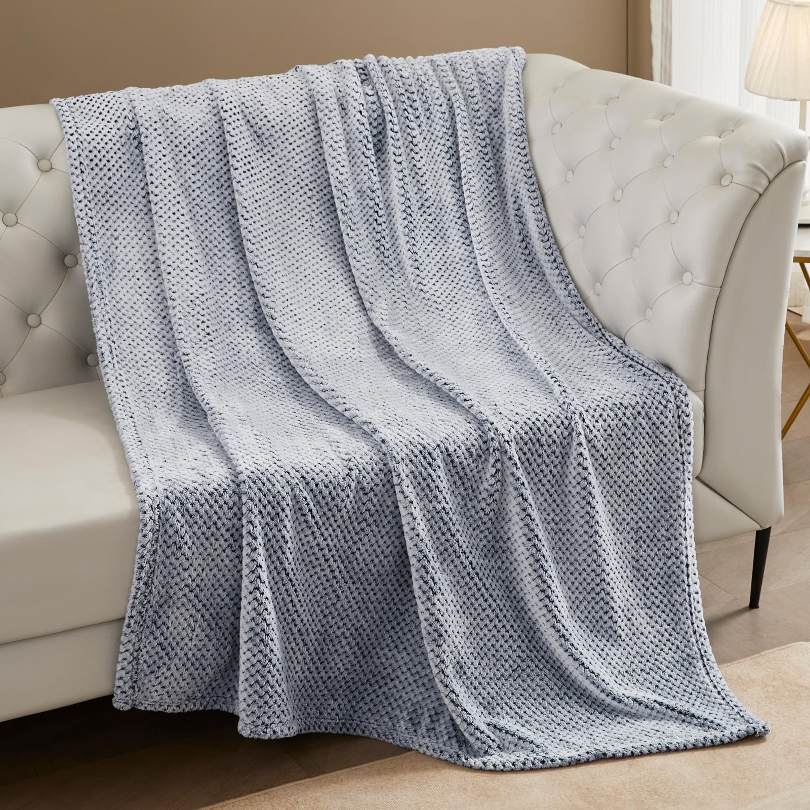 Exclusivo Mezcla Waffle Textured Mixed Navy Blue Fleece Blanket, Super Soft And Warm 50X70 Inches Throw Blanket For Couch, Cozy,