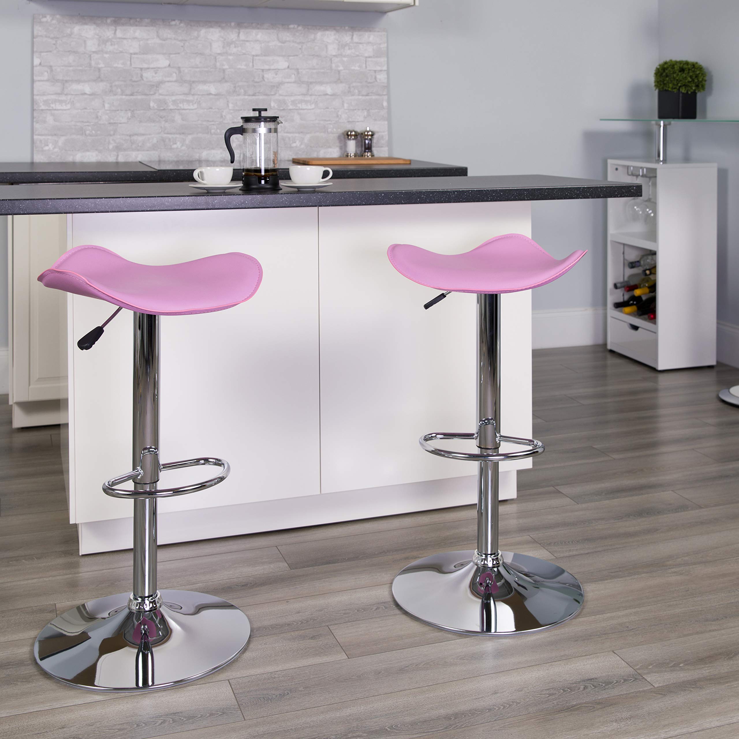 Flash Furniture Contemporary Pink Vinyl Adjustable Height Barstool With Wavy Seat And Chrome Base - Thumbnail 3