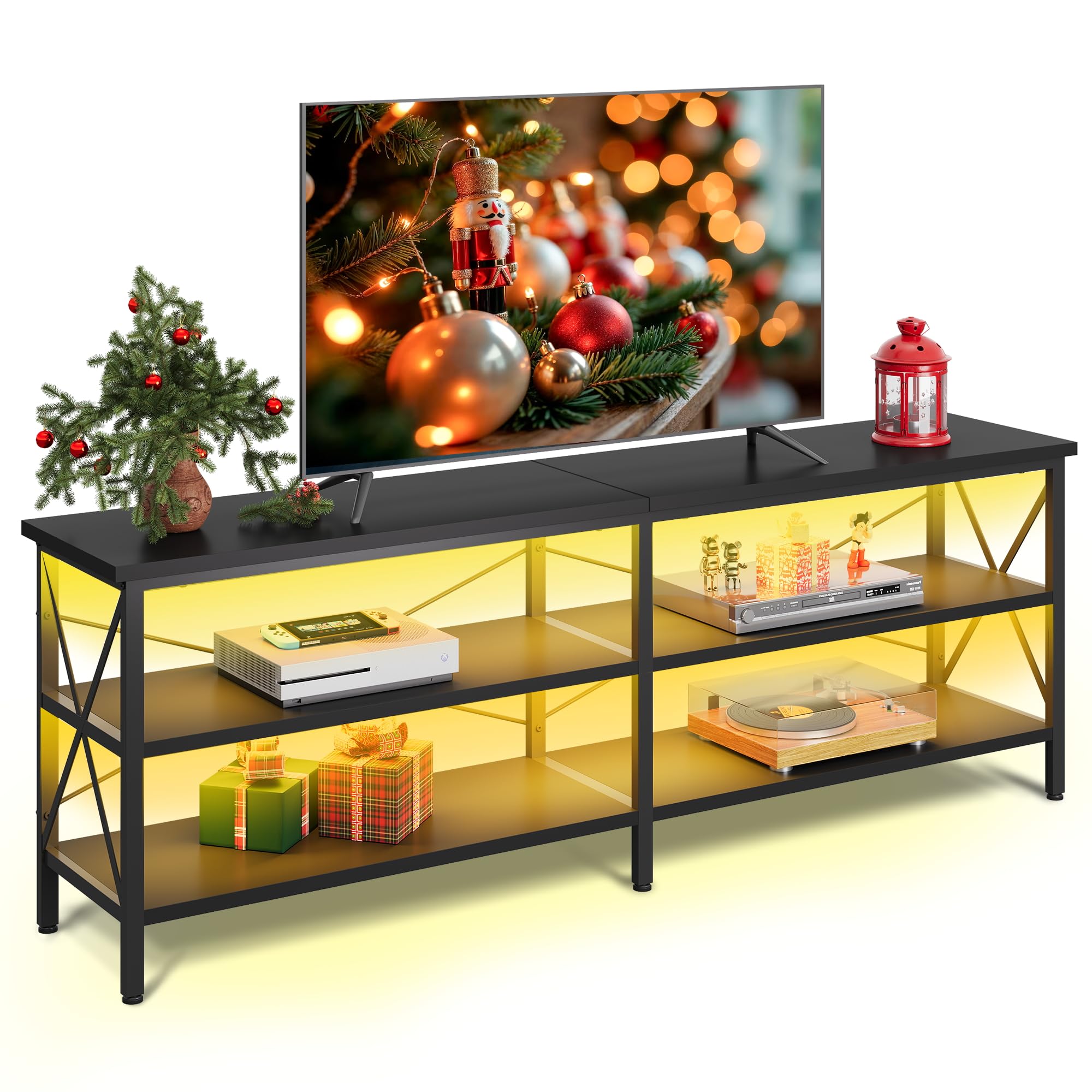 Wlive Tv Stand Up To 70 Inch Tv, 63' Entertainment Center With Led, Tv Media Console With 3-Tier Storage Shelves For Living Room And Bedroom, Black