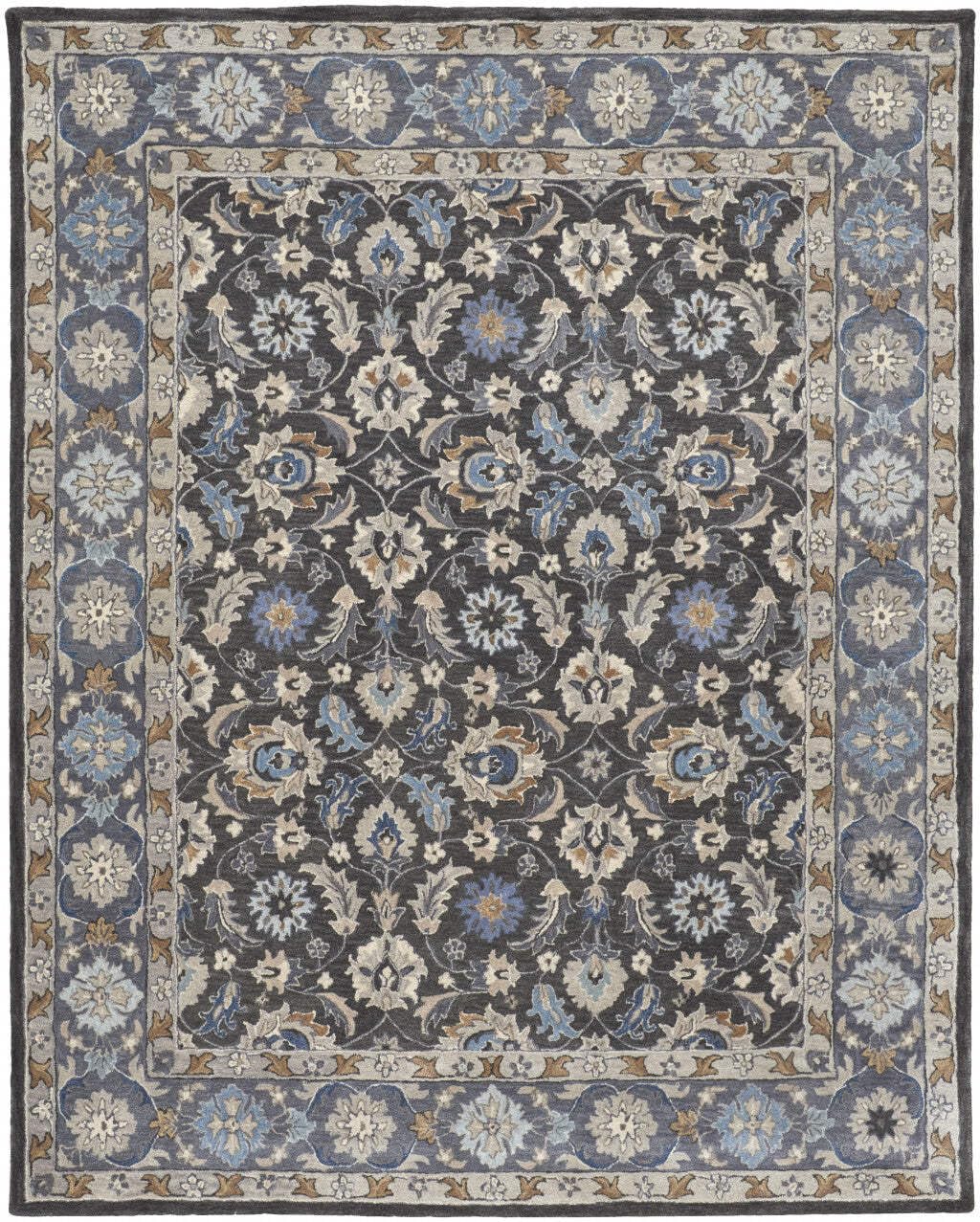 HomeRoots 514830 8 x 10 ft. Taupe Blue & Ivory Wool Floral Hand Tufted Handmade Stain Resistant Rectangle Area Rug