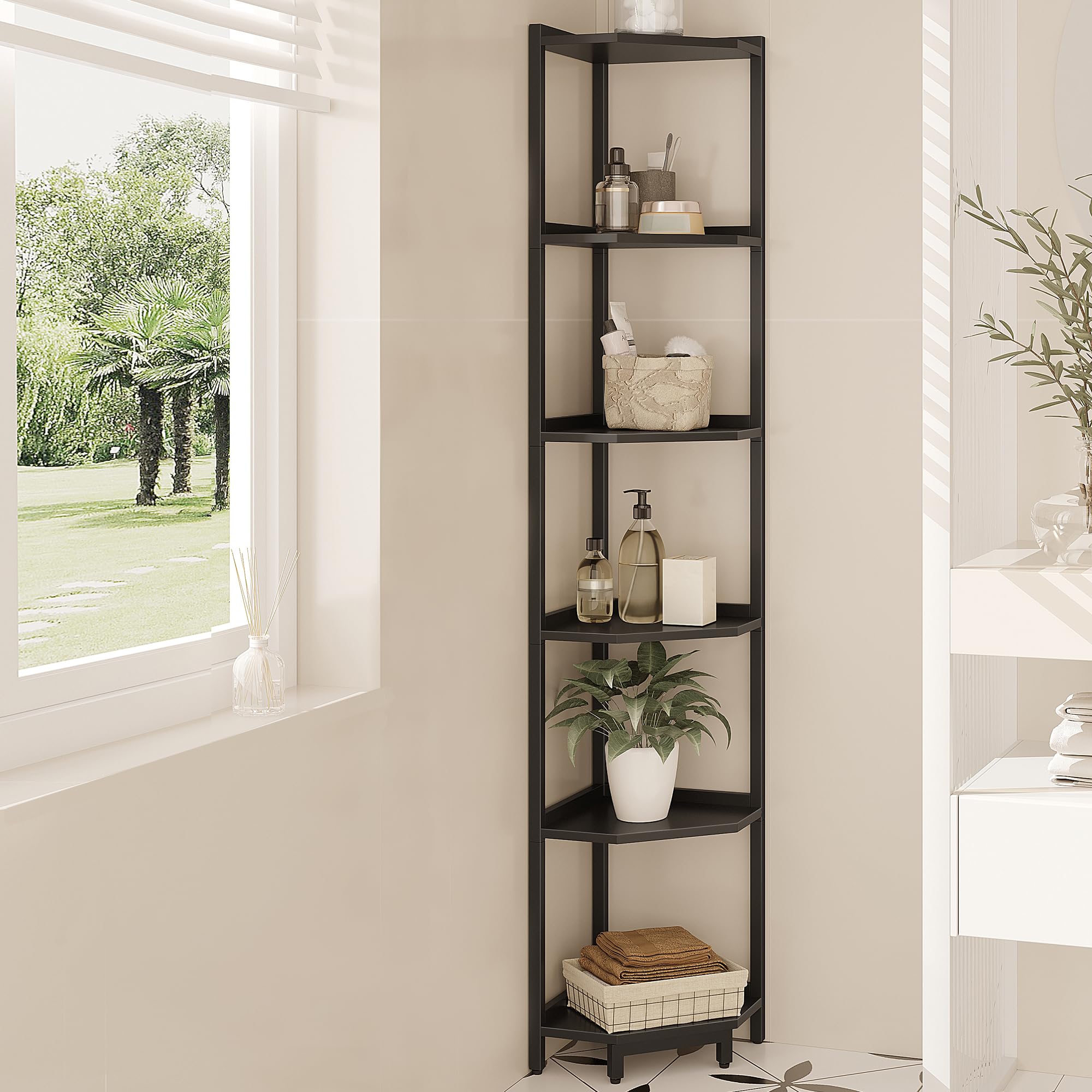 Hzuaneri Corner Shelf Stand, Corner Bookshelf, Storage Standing Shelf Unit With Metal Frame, Plant Stand, Corner Bookcase For Living Room, Home Office, Bedroom, 6-Tier Black Cs06006B