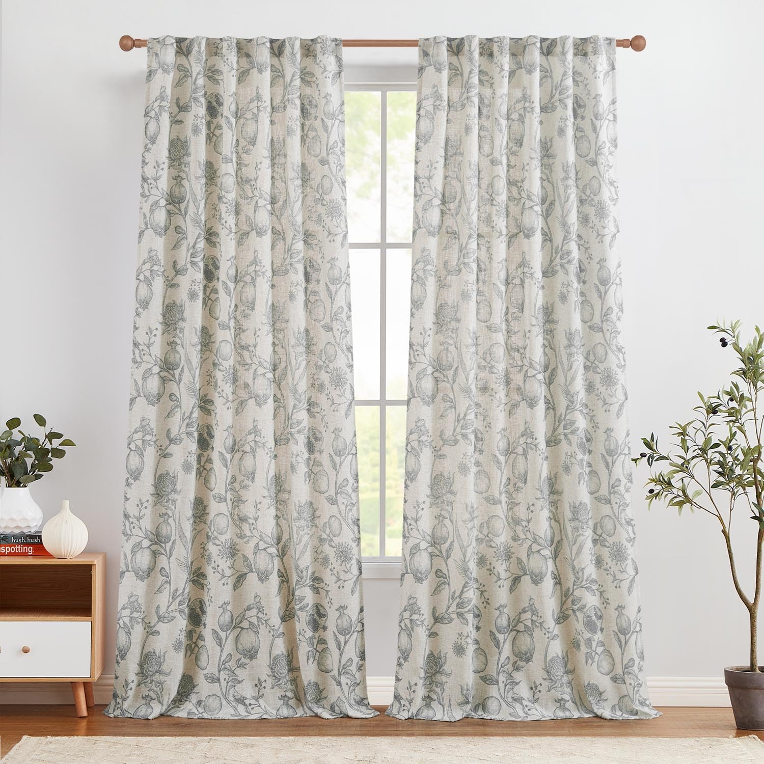 Jinchan Linen Curtains Floral Curtains For Living Room 84 Inch Long Grey French Curtains Rod Pocket Light Filtering Toile Print