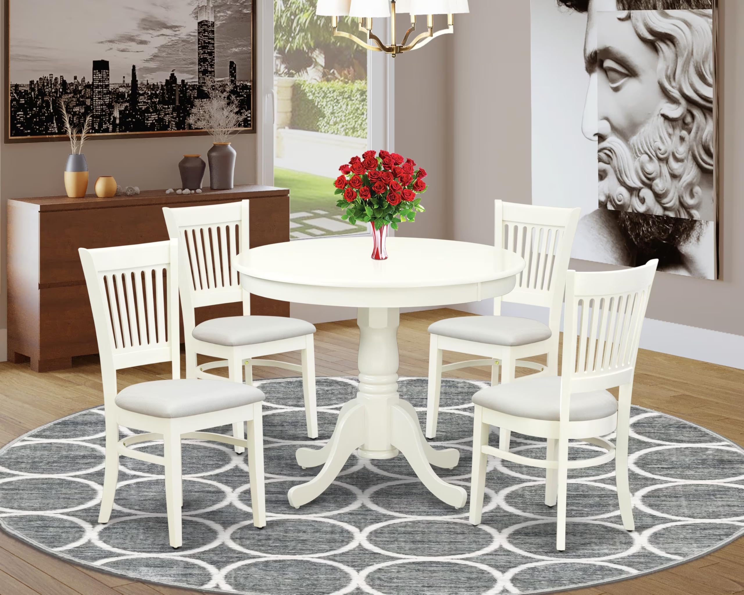 East West Furniture Anva5-Lwh-C 5 Piece Dining Room Table Set Includes A Round Kitchen Table With Pedestal And 4 Linen Fabric Upholstered Dining Chairs, 36X36 Inch, Linen White