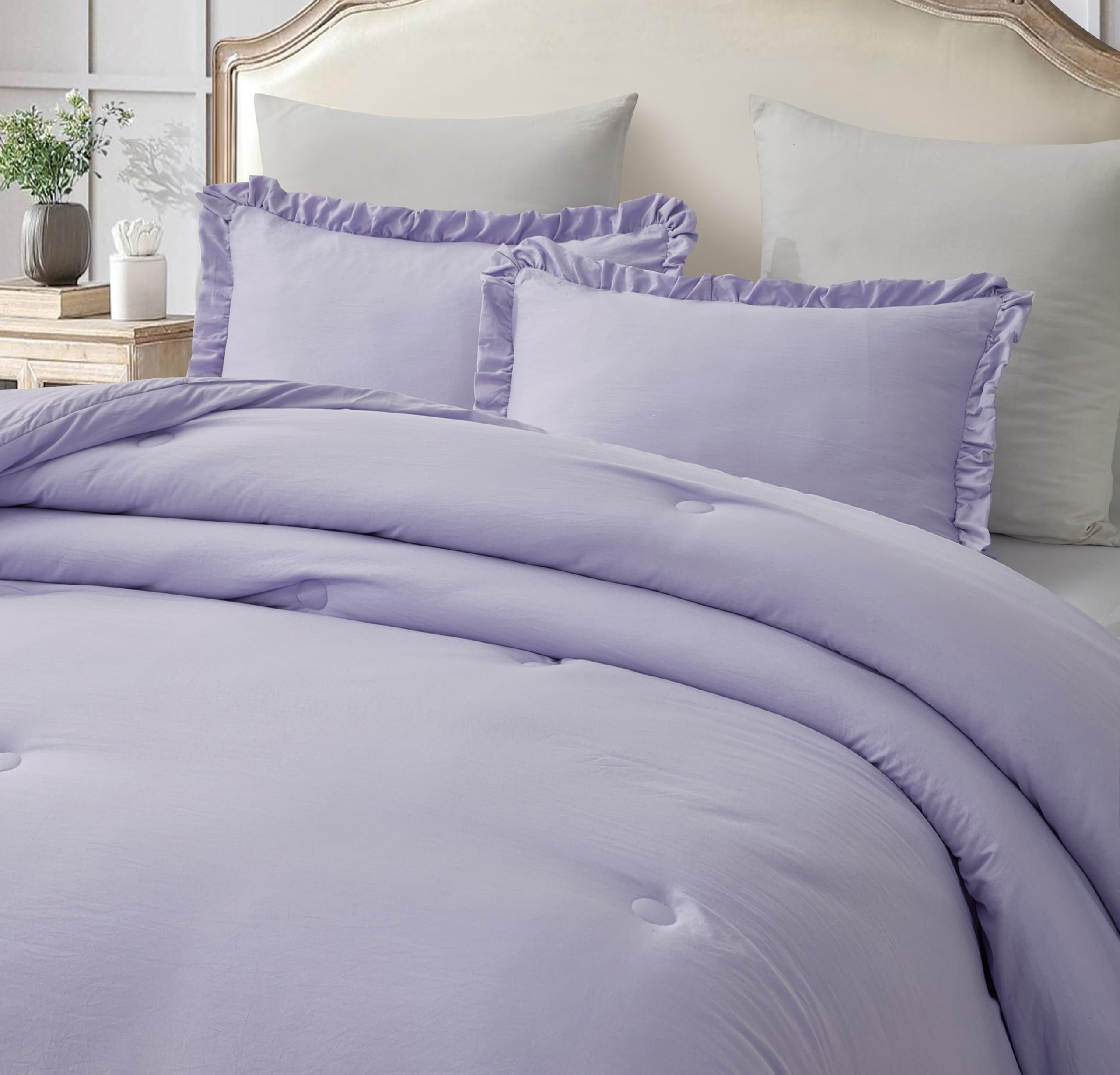 Chezmoi Collection Nora Lavender Comforter Set King Size 3-Piece Fluffy Soft Lightweight Bedding Ruffled Edge Trim Stone-Washed